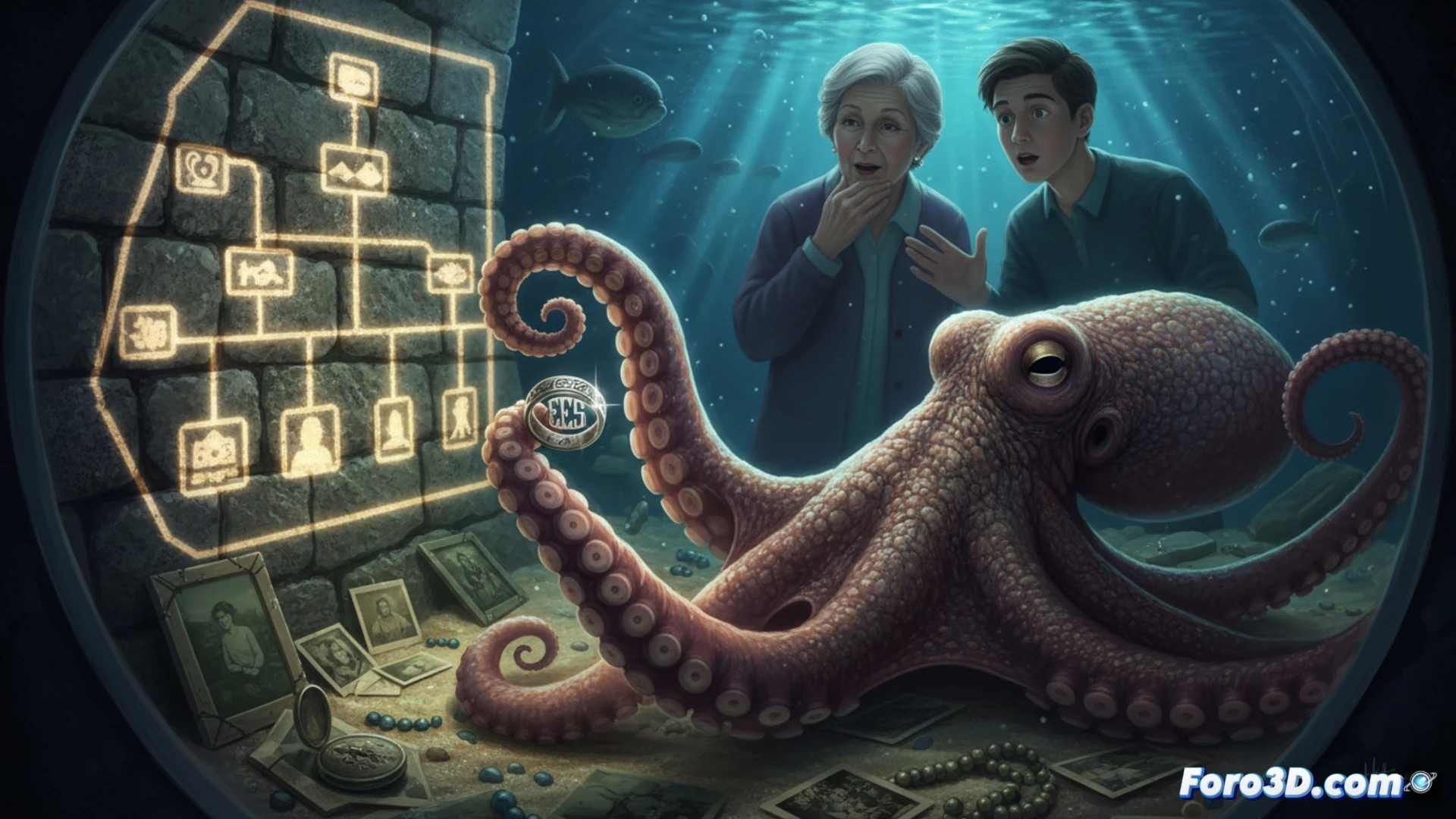 Un pulpo gigante observa desde su tanque mientras Tova y Cameron, emocionados, sostienen un anillo grabado con EELS.