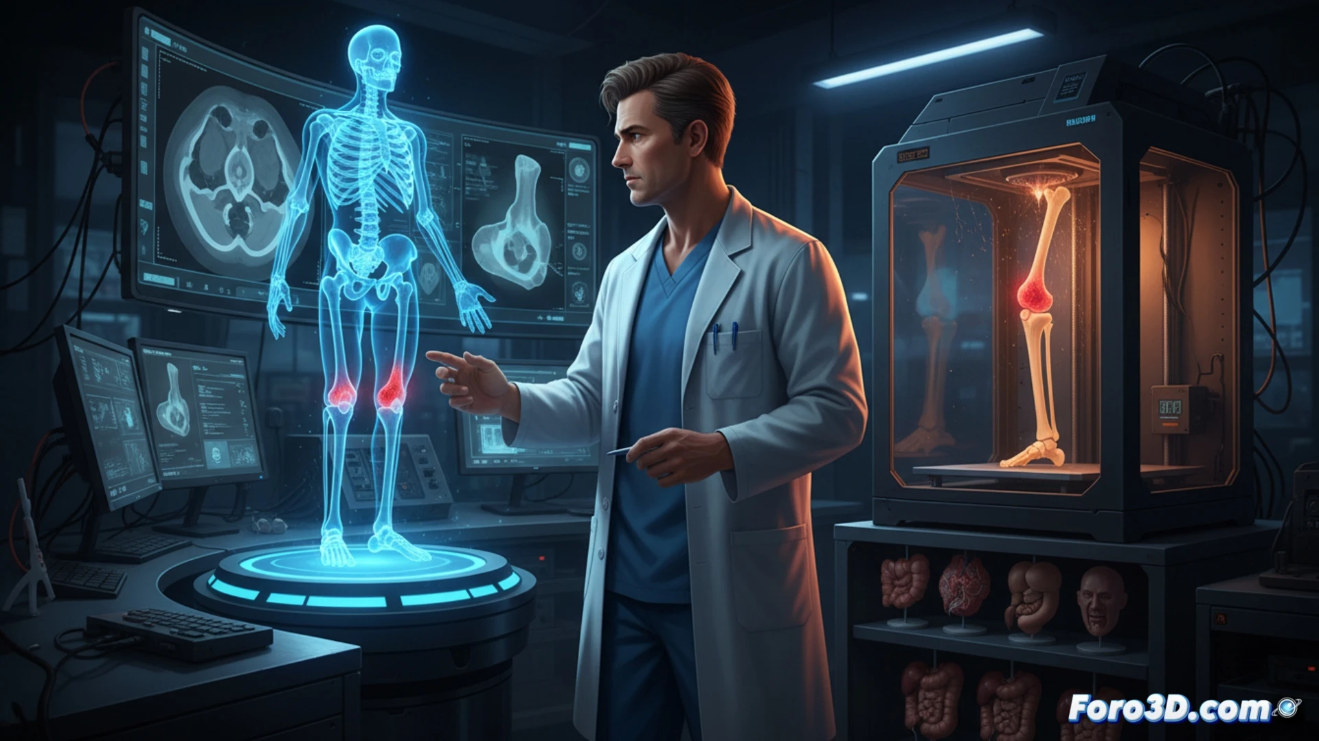 Radiólogo sostiene un modelo 3D de un tumor óseo, con la pantalla de fondo mostrando la imagen plana original.
