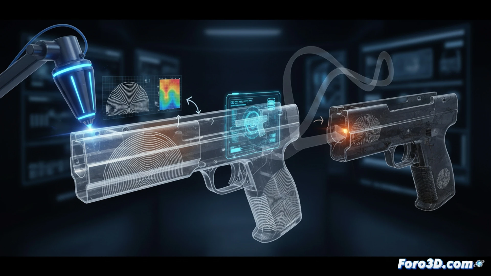 Escáner 3D forense analizando estrías de fresado en bloque metálico para identificar armas fantasma