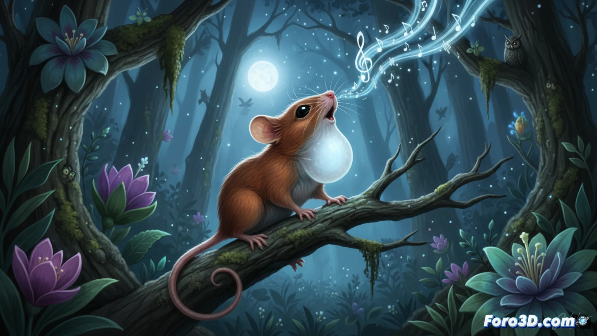 Un ratón cantor de Alston, con saco de aire inflable en la laringe, silba melodías mientras mira hacia el bosque.