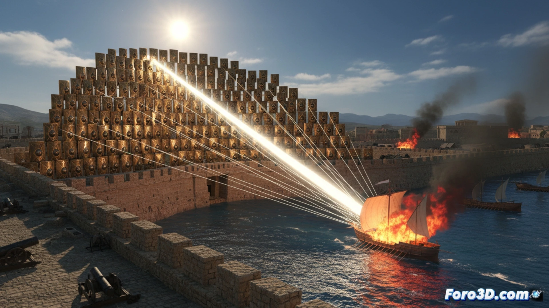 Reconstrucción 3D del rayo de Arquímedes con espejos solares reflejando sobre barcos romanos en Siracusa