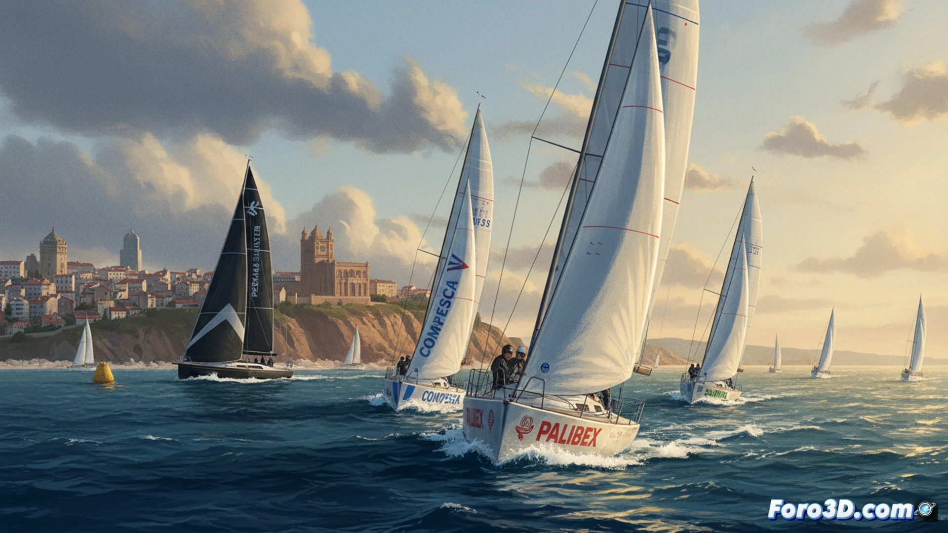 Regata costera en aguas del Cantábrico, varios veleros J80 compitiendo con velas ajustadas durante una virada cerrada, proa del barco líder cortando espuma blanca, timonel accionando el volante mientras tripulantes ajustan dris y escotas con tensión visible en cabos, toldilla con instrumental de navegación electrónica mostrando datos de rumbo y velocidad, olas rompiendo contra el casco de fibra de carbono, cielo nublado con rayos de sol rasantes, estilo cinematográfico fotorrealista, texturas metálicas húmedas, reflejos brillantes en la superficie del mar, profundidad de campo marcada, iluminación dramática de atardecer marítimo.