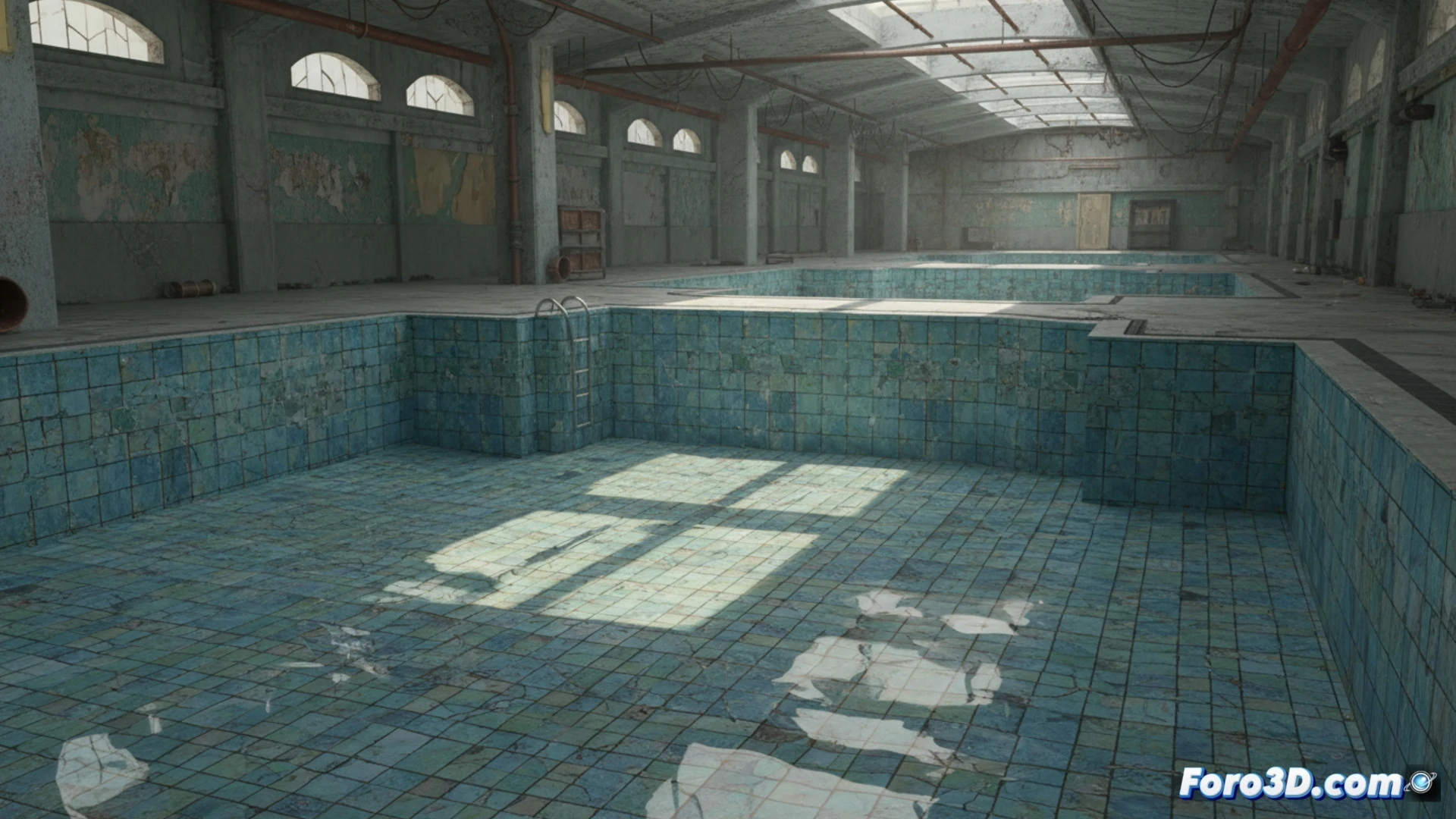 Render hiperrealista de piscina vacía en Unity con azulejos cerámicos y reflejos suaves, inspirado en Backrooms