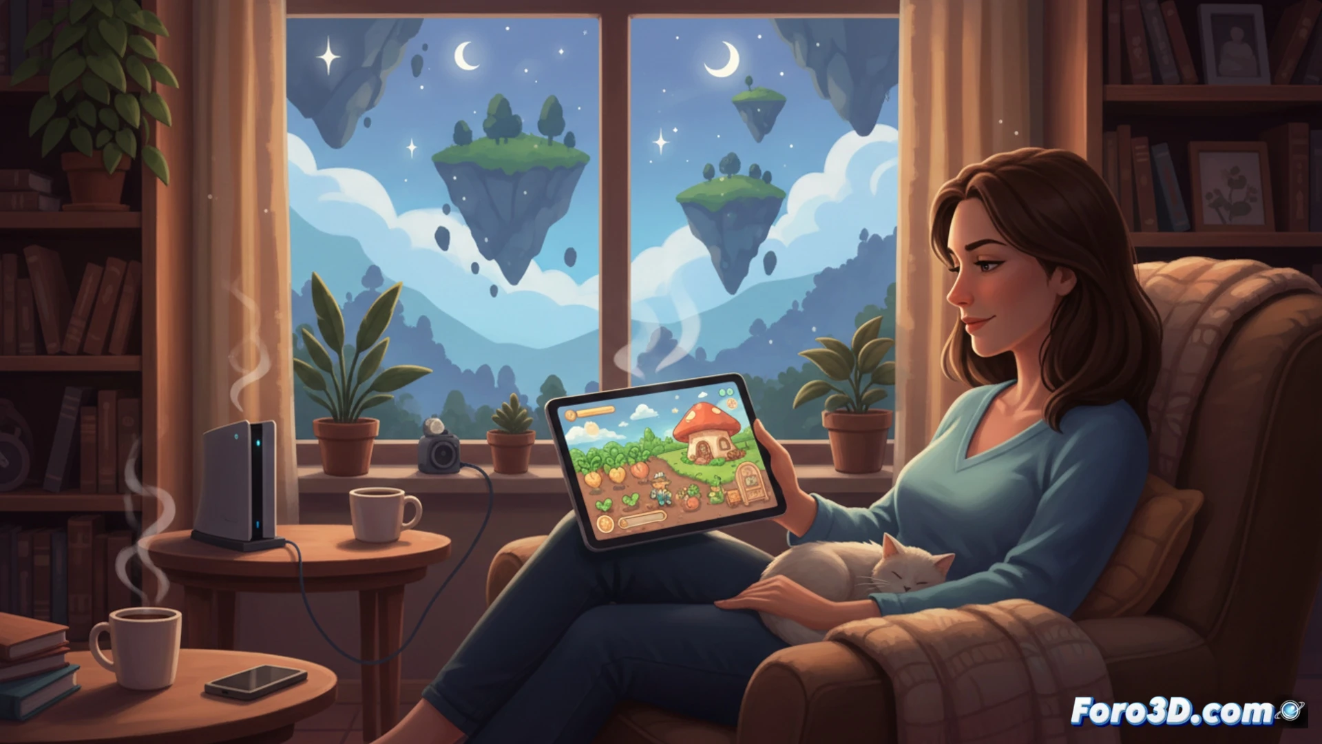 adulto sentado en un escritorio minimalista, manos sobre teclado mecánico retroiluminado, monitor mostrando interfaz de juego de simulación agrícola, personaje virtual regando plantas pixeladas en una granja digital, taza de té humeante junto al teclado, luz cálida de lámpara de escritorio contrastando con pantalla suave, auriculares inalámbricos sobre la mesa, proceso de relajación durante la interacción digital, estética cozy game con colores pastel y sombras suaves, estilo cinematic photorealistic, iluminación ambiental de atardecer, texturas de madera y tela, enfoque nítido en manos y pantalla, fondo desenfocado con estantería de libros técnicos, representación visual de refugio digital