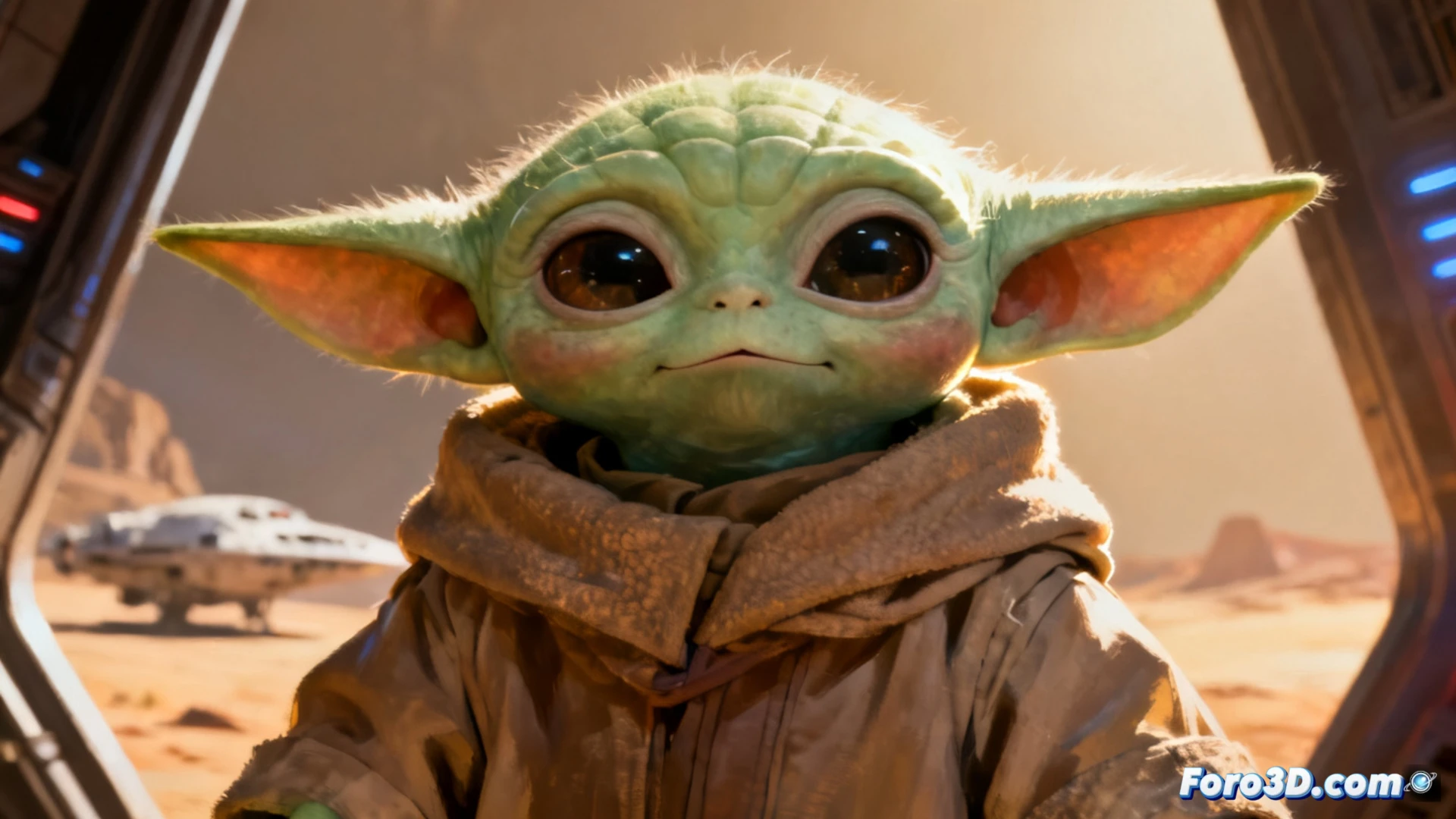 Baby Yoda, con grandes ojos negros y orejas puntiagudas, mira curioso el sable láser verde que sostiene con su pequeña mano verde, rodeado de un fondo estrellado de la galaxia Star Wars.