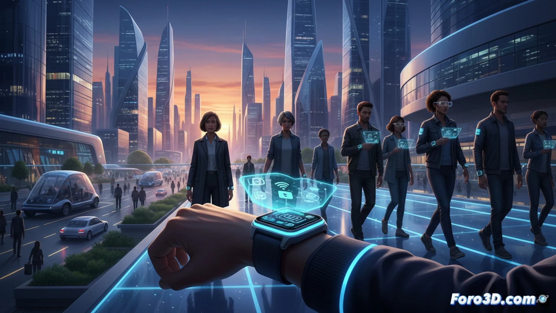 Un smartwatch iluminado en primer plano, rodeado de anillos, gafas AR y parches, simboliza su reinado en 2026.