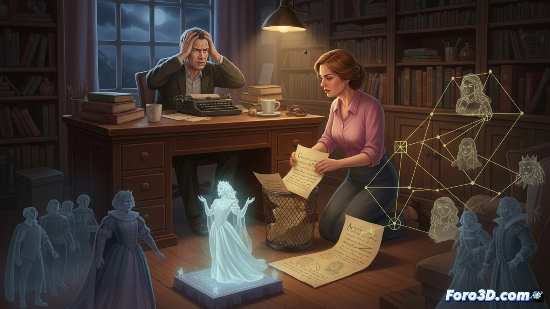 Una escena nocturna de estudio: una papelera desbordada de hojas arrugadas junto a un escritorio, una mujer (Tabitha) rescatando un manuscrito manchado de café, mientras sombras de castillos y pergaminos isabelinos flotan en la pared.
