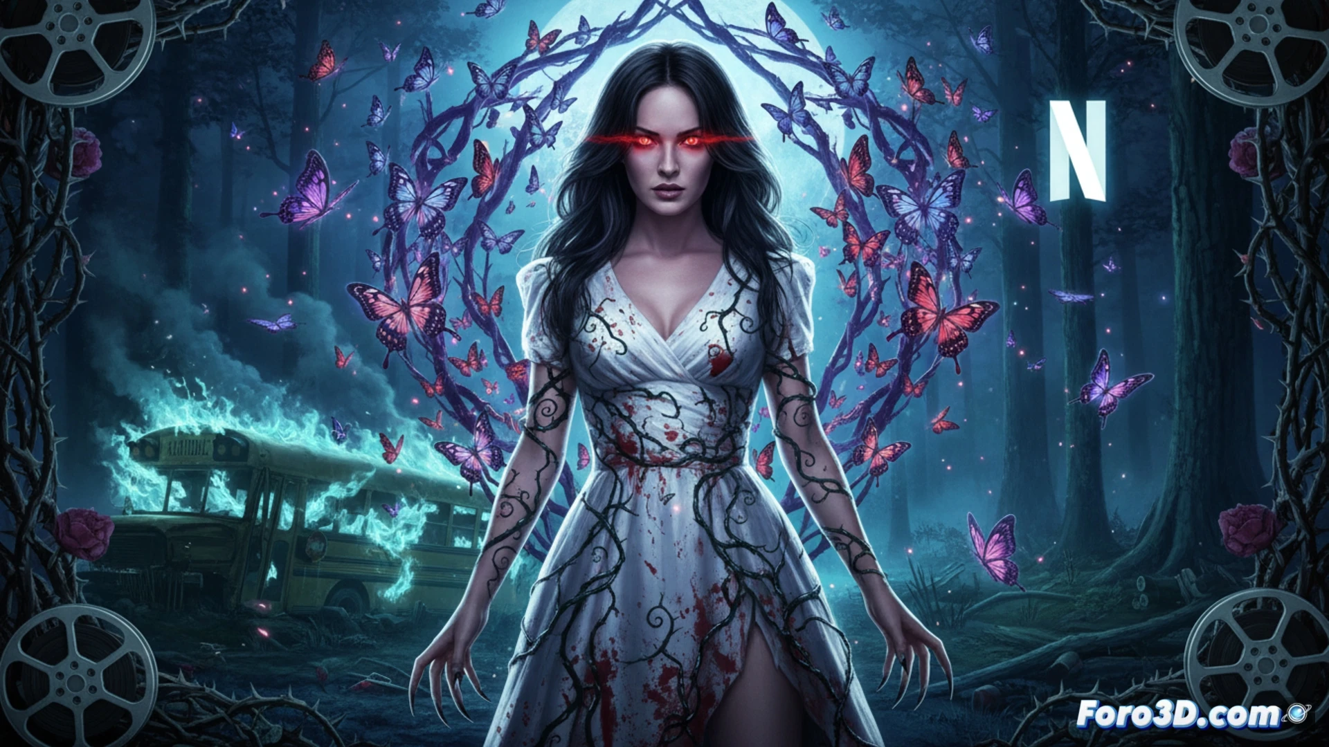 Megan Fox como Jennifer, con mirada vengativa y labios rojos, rodeada de niebla oscura, mientras una chica sostiene un cuchillo.