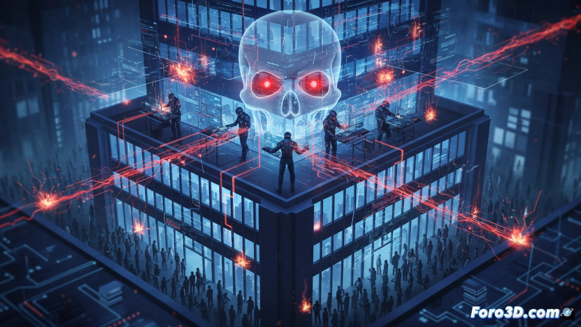 corporate office scene, one advanced user intensely working on a dual-monitor workstation, glowing AI dashboard interface with data streams and sensitive document icons on screen, small group of casual employees in background using basic chat apps, security alert icon floating near the advanced user, data leak visualized as glowing red lines from the expert's terminal toward a hidden server rack, cinematic technical illustration, photorealistic lighting, dark blue and neon orange color palette, dramatic shadows, ultra-detailed hardware and software elements, high-contrast industrial style, 4K render quality