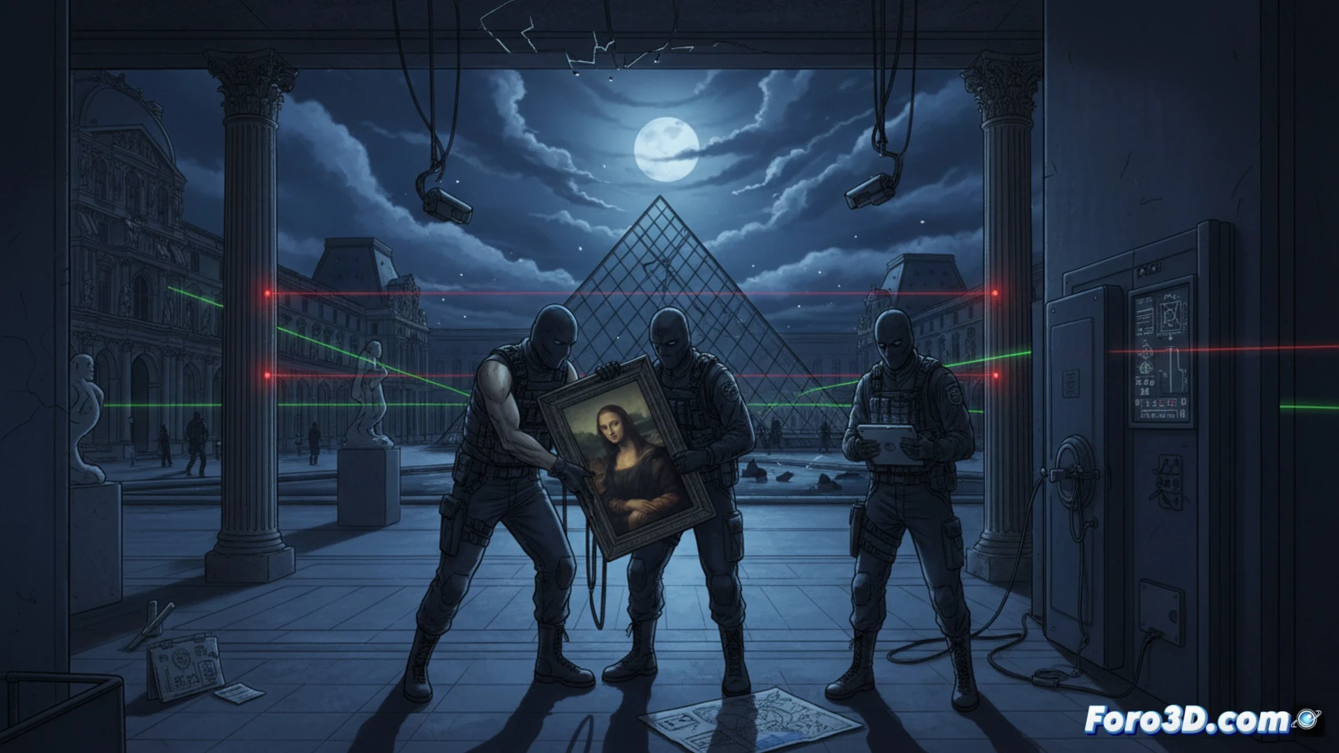 Museo del Louvre durante la noche, tres figuras encapuchadas forzando una vitrina blindada con herramientas láser, una de ellas sostiene un dispositivo de interferencia de señales mientras otra extrae un marco dorado, sistema de vigilancia con cámaras térmicas y sensores de movimiento desactivados en el techo, cuadros renacentistas iluminados tenuemente, estilo cinematográfico fotorrealista, luces de emergencia rojas parpadeando, sombras dramáticas, atmósfera de thriller de suspense, textura detallada del mármol y cristal, ángulo bajo mostrando la acción