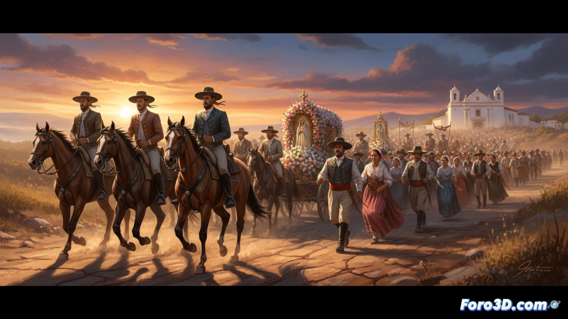 Sevillian pilgrims crossing a dry, cracked Andalusian plain at dawn, horses and ox-drawn carts moving quickly under pale orange sky, heat haze distorting distant church spire, volunteers in high-vis vests distributing water bottles from medical tents, digital thermometer on wooden post reading 42 grados, dust kicked up by boots and hooves, cinematic documentary style, ultra-realistic textures of weathered leather and straw hats, sweat on faces, dramatic low-angle sunlight, photorealistic environmental portrait, technical clarity in fabric folds and animal anatomy