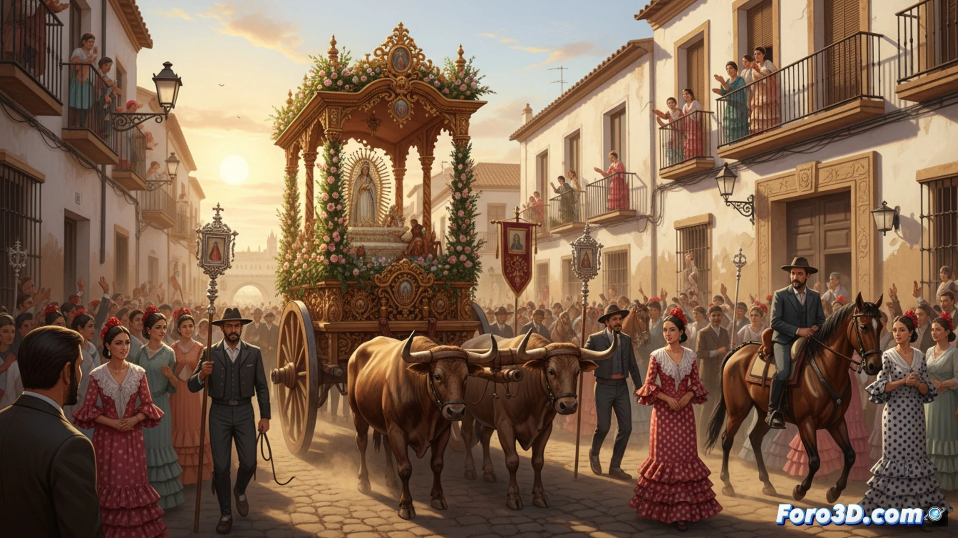Seville Triana brotherhood mobile wooden altar on wheels being pulled through narrow cobblestone street at dawn, romeros in traditional flamenco attire pushing the structure while dust rises from ground, mechanical wheel hubs and axle system visible under the platform, ropes and leather straps under tension during manual hauling, cinematic photorealistic technical illustration, warm golden sunrise light casting long shadows, motion blur on moving feet and wheel spokes, detailed wood grain and iron brackets, smoke from incense burners mixing with morning mist, dramatic religious procession atmosphere, ultra-realistic cultural engineering visualization