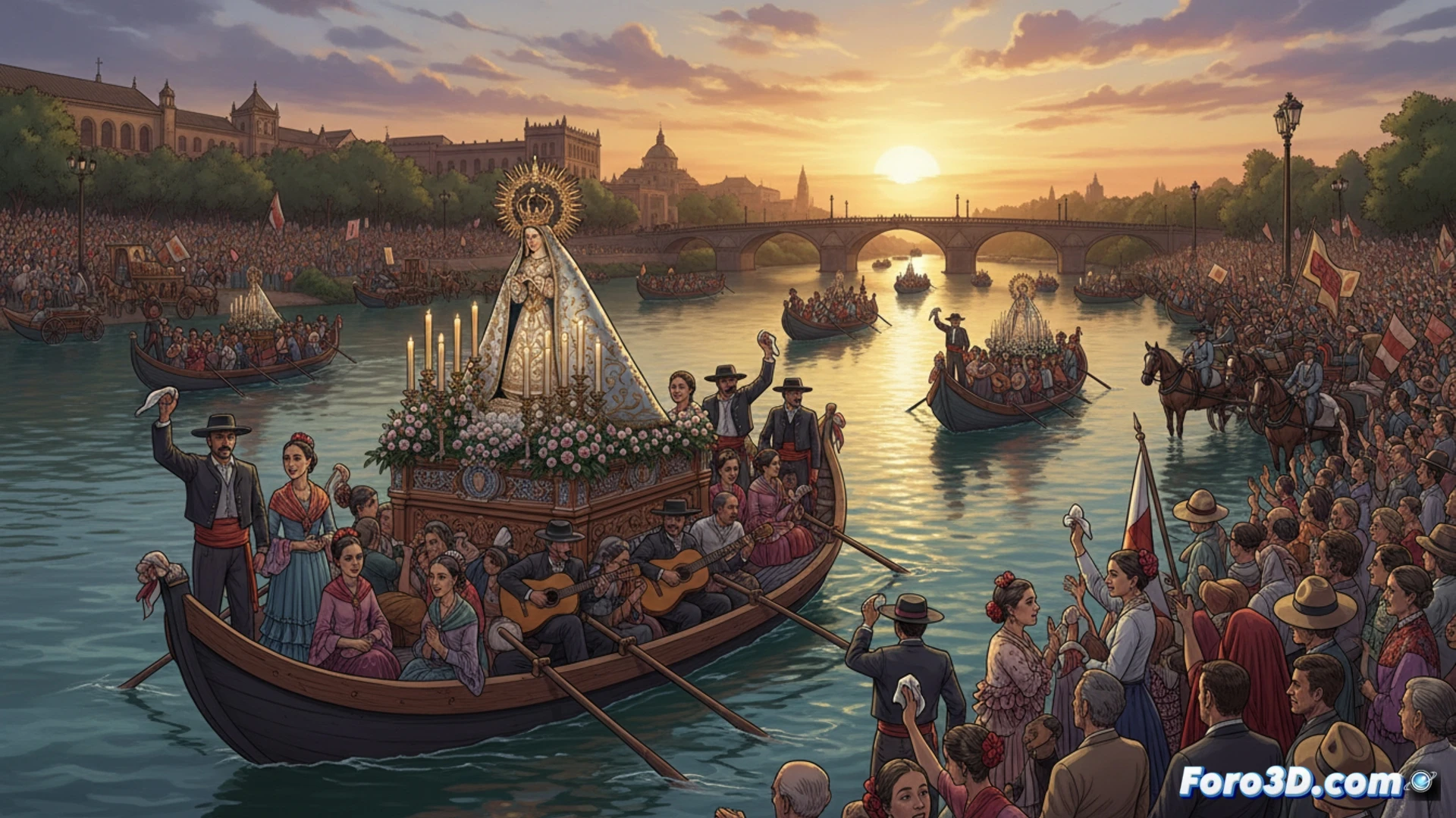 devotional wooden boat crossing Guadalquivir river at sunset, hundreds of pilgrims in traditional flamenco dress carrying a white palanquin with the Virgin statue, oarsmen in straw hats rowing the barcaza, river water splashing against the hull, seville cathedral and triana bridge in background, smoke from incense burners rising, acoustic guitar strings vibrating during sevillanas performance, photorealistic cinematic composition, warm golden hour light, dust particles suspended in air, deep shadows on the boat deck, technical visualization of crowd density and structural load on the wooden vessel, ultra-detailed textile folds and wood grain
