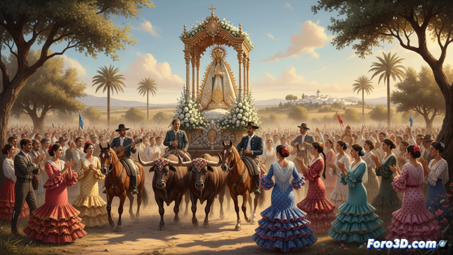 Procesión religiosa en una calle empedrada de Sevilla al atardecer, cientos de fieles con trajes de flamenca y caballos enjaezados avanzando, paso de la Virgen del Rocío siendo transportado por costaleros bajo un palio bordado en oro, campanillas y varas de plata visibles, ambiente festivo con naranjos y farolas históricas de forja, cielo despejado con luz dorada, polvo levantado por los cascos de los caballos, estilo cinematográfico fotorrealista, iluminación dramática de atardecer, detalles texturizados en bordados y madera tallada, composición épica de movimiento multitudinario.