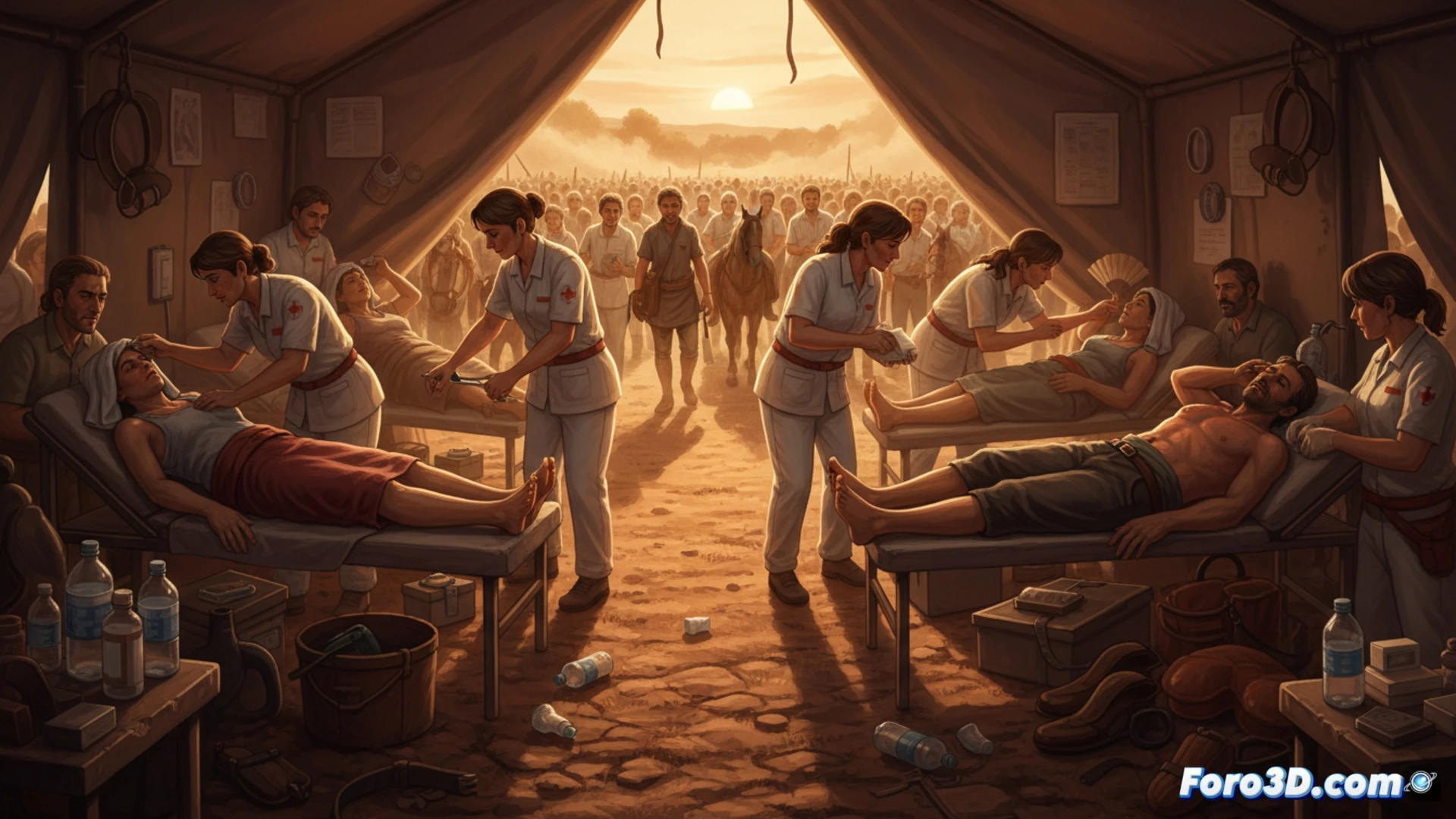 Aerial view of a sprawling outdoor medical tent city at sunset, dozens of exhausted pilgrims in traditional flamenco attire lying on stretchers, medical staff in white uniforms rapidly administering IV fluids and cold compresses, portable fans blowing on heat-exhausted patients, dust rising from dry ground, medical monitors showing vital signs, cinematic photorealistic style, warm golden hour light casting long shadows, high-angle drone perspective, chaotic yet organized triage scene, hyper-detailed fabric textures, medical equipment scattered on tables, emergency response vehicles in background, intense humanitarian atmosphere