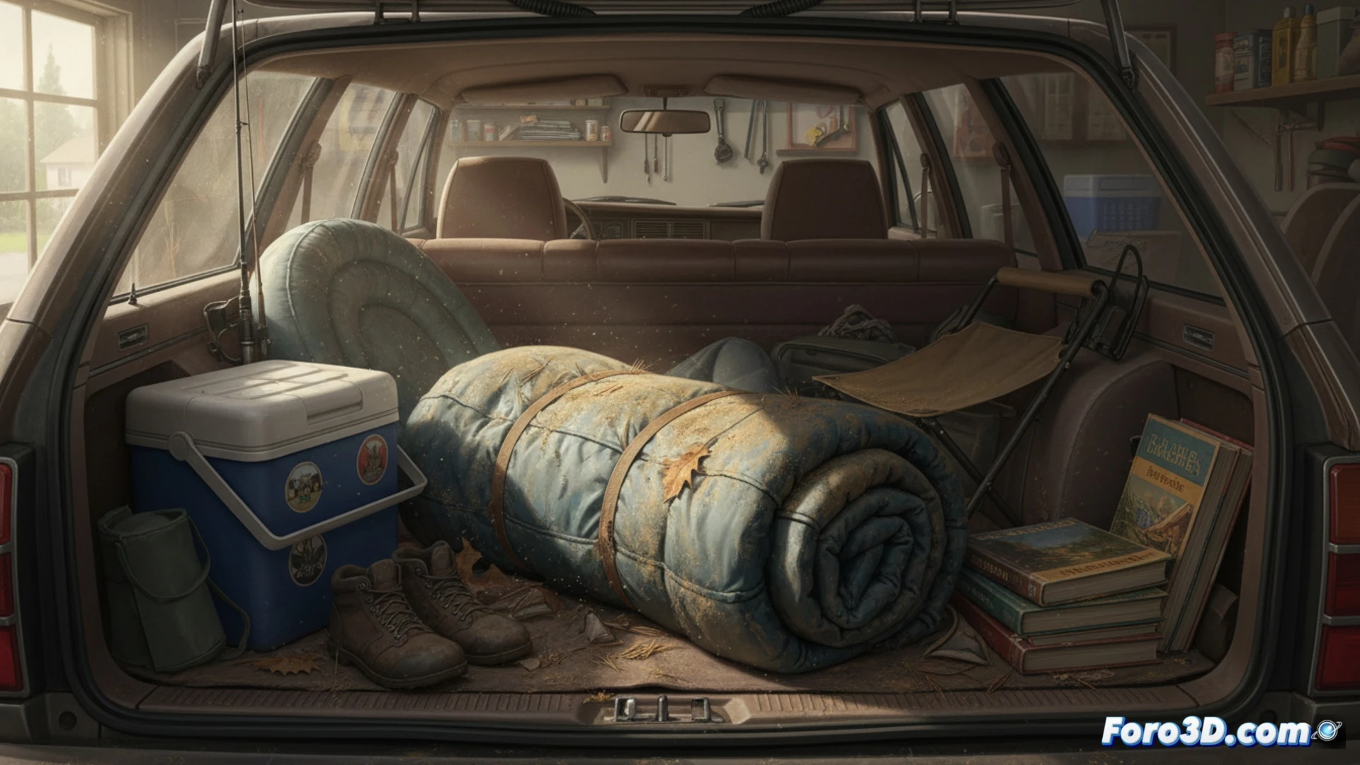 compact car trunk interior at golden hour, rolled-up sleeping bag wedged between a dusty water bottle and an old flashlight, sunlight streaming through the rear window illuminating floating dust particles, sleeping bag fabric slightly unzipped revealing unused synthetic fill, trunk liner showing faint tire marks and scattered gravel, action of packing never completed, cinematic still life composition, warm amber tones contrasting with cool blue trunk shadows, photorealistic product photography style, hyper-detailed textile texture, nostalgic road trip atmosphere, shallow depth of field focusing on the sleeping bag straps