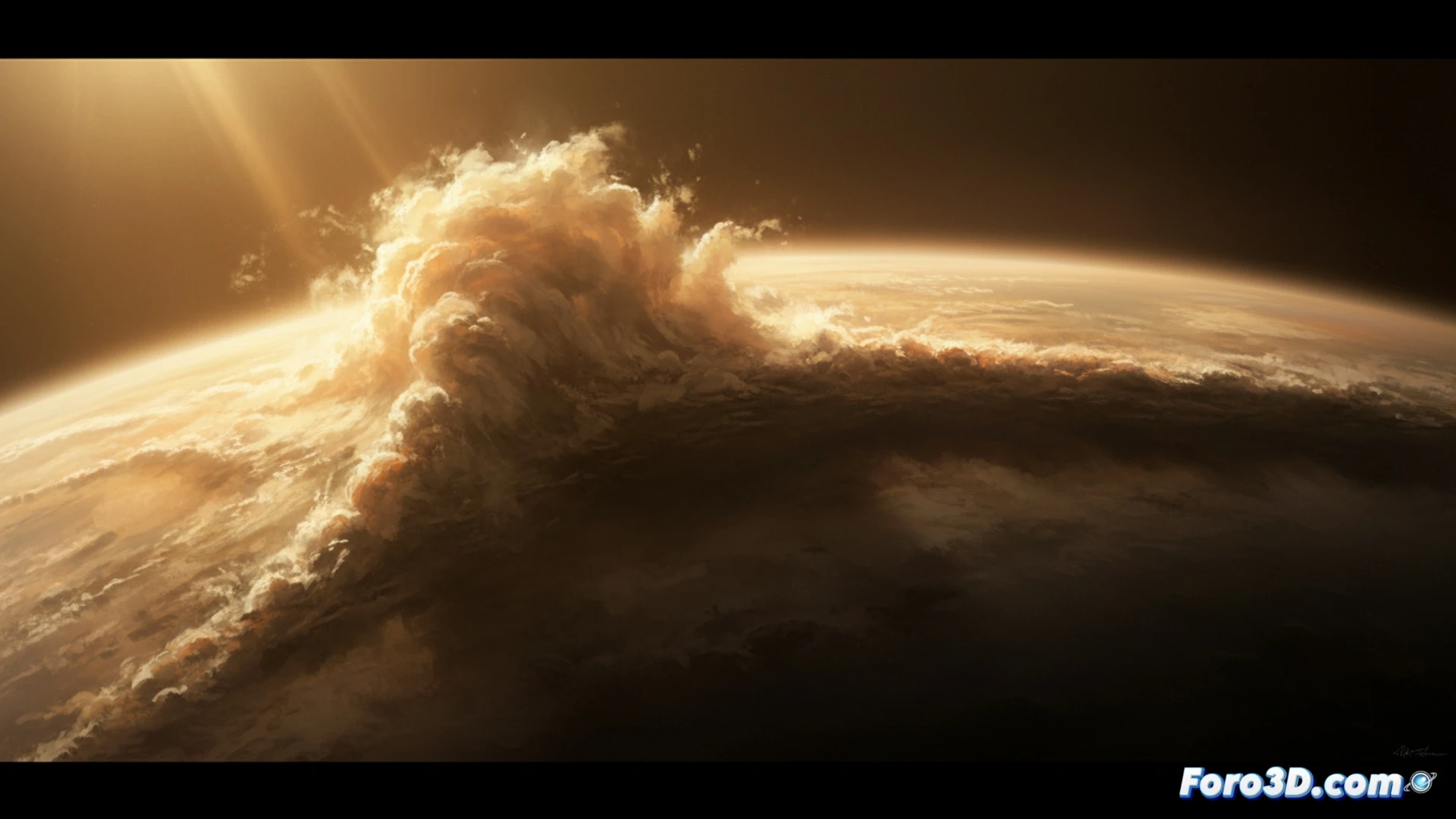 Venus atmosphere cross-section showing a 6,000 km hydraulic jump at the equator, dense sulfuric acid clouds abruptly slowing down while a Kelvin wave destabilizes, creating a dark turbulent region, Akatsuki probe in orbit observing the phenomenon, glowing cloud layers with sharp transition zones, cinematic engineering visualization, realistic planetary atmospheric physics, dramatic space lighting, ultra-detailed cloud structures, photorealistic technical render