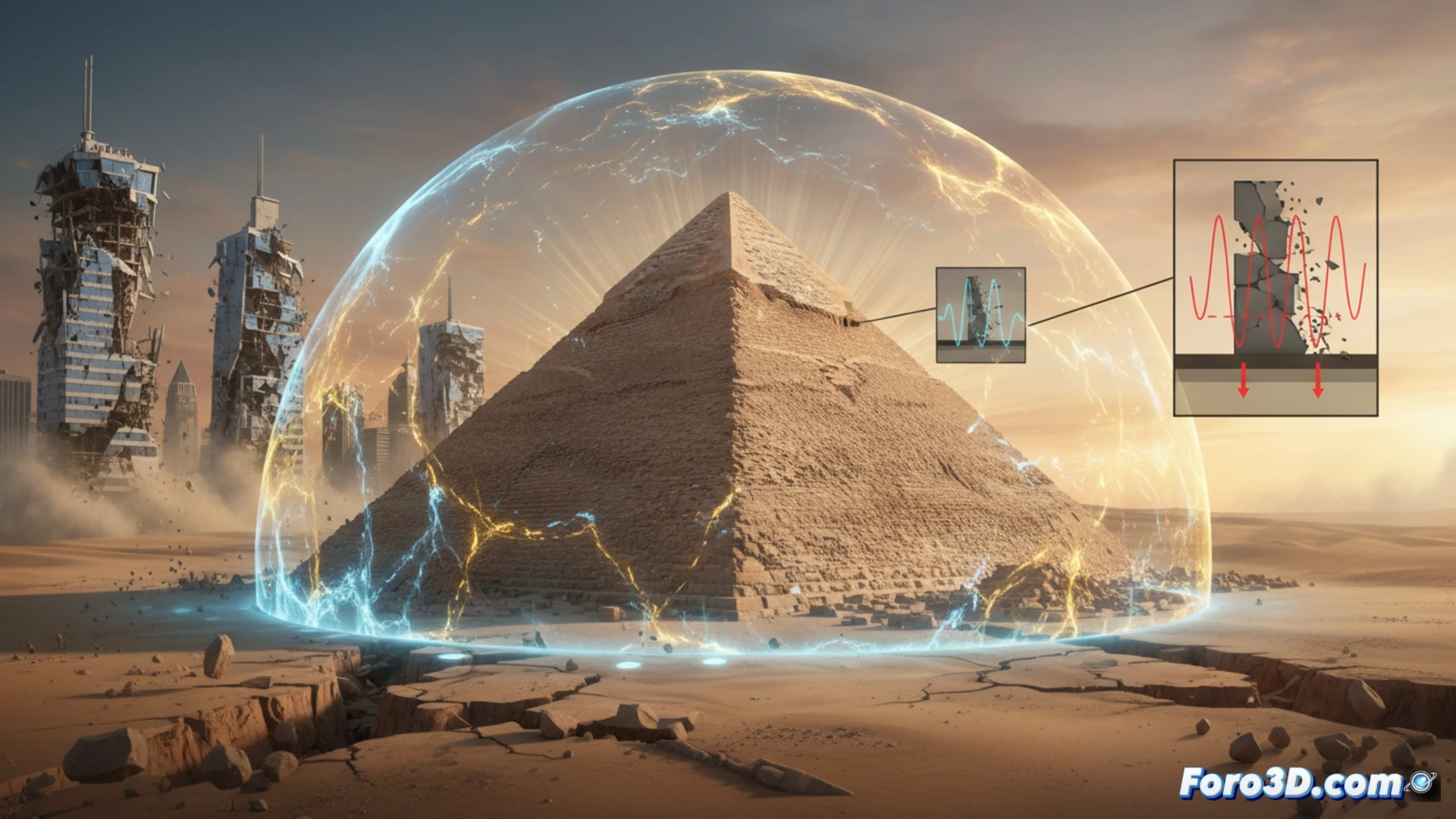 Cross-section of the Great Pyramid showing its internal chambers while seismic waves travel through the ground, the pyramid vibrating at a different frequency than the surrounding soil, demonstrating resonance avoidance, glowing frequency lines radiating from the base and dispersing harmlessly around the structure, engineering visualization, photorealistic stone texture, cutaway view of granite beams and limestone blocks, subtle motion blur on waves, dramatic desert sunset lighting, ultra-detailed masonry joints, aerial perspective tilted at 45 degrees, cinematic scientific illustration, hyperrealistic technical render