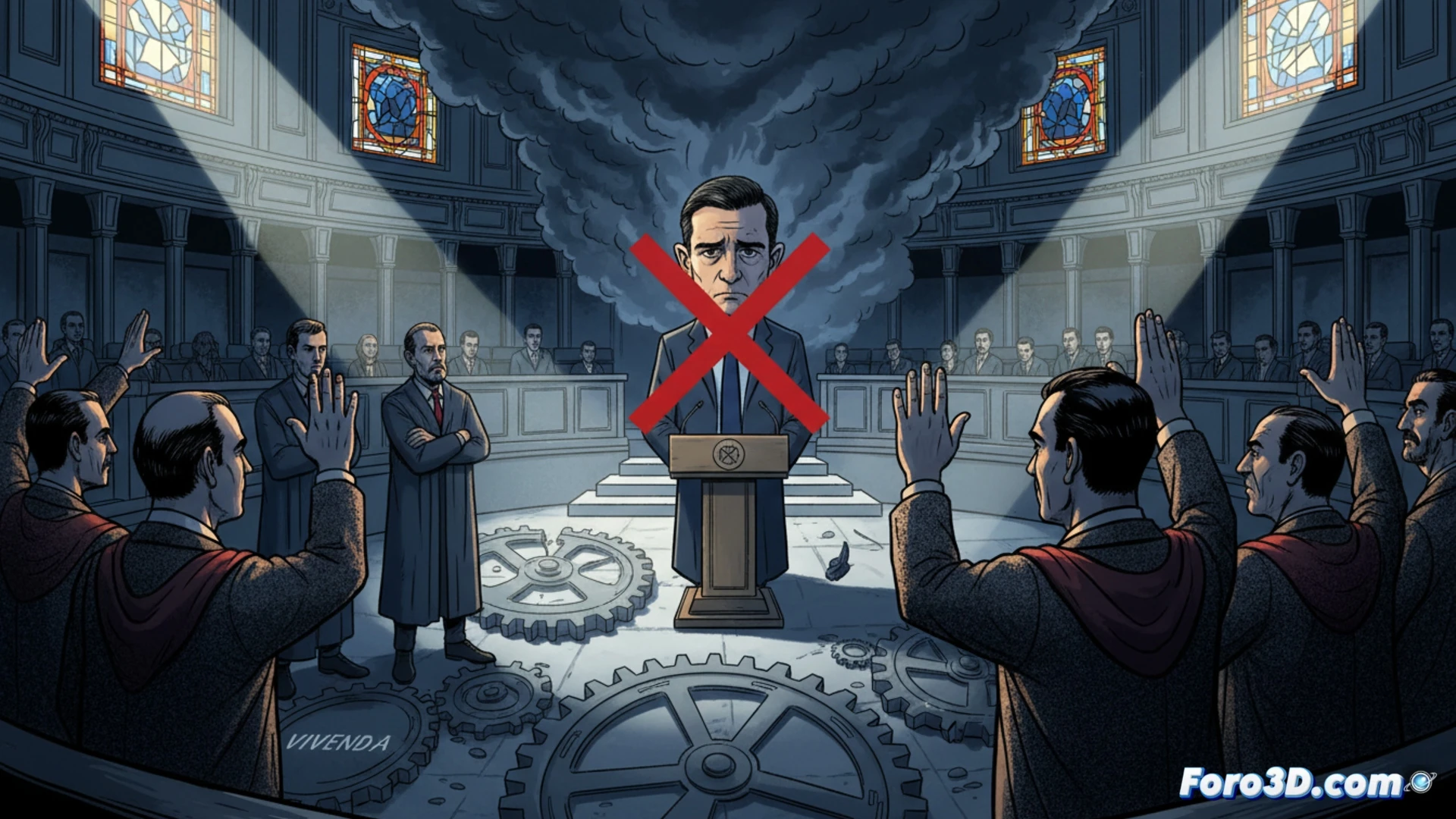 Senate chamber interior, Spanish flag backdrop, government bench under spotlight, voting tablets showing red reprobation result, PNV and Junts representatives abstaining with crossed arms while PP majority raises hands in approval, Pedro Sánchez standing alone at speaker podium with tense expression, legislative documents scattered on wooden desks, electronic voting screens displaying abstention counts, cinematic photorealistic political drama style, dramatic overhead lighting creating shadows on marble floors, wide-angle lens capturing divided parliamentary seating, ultra-detailed legislative chamber architecture, tension visible in body language of opposing parties