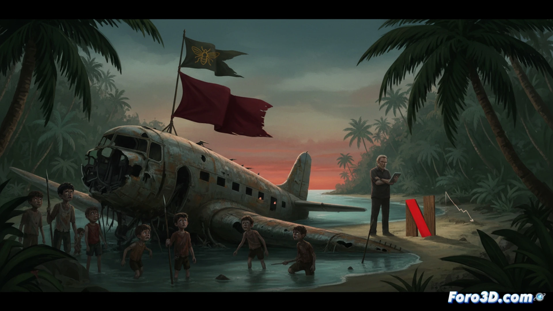 remote tropical island beach at twilight, abandoned raft with broken mast half-buried in sand, scattered electronic devices like a cracked tablet and tangled earbuds partially submerged in tide pools, a conch shell lying next to a dead laptop with shattered screen, footprints leading into dark jungle, dense palm trees and thick vines framing the scene, cinematic photorealistic style, dramatic low-angle shot, storm clouds gathering on horizon, cold blue and grey color palette, eerie stillness contrasting with signs of recent struggle, ultra-detailed sand texture and rusted metal, no human figures, no text or numbers
