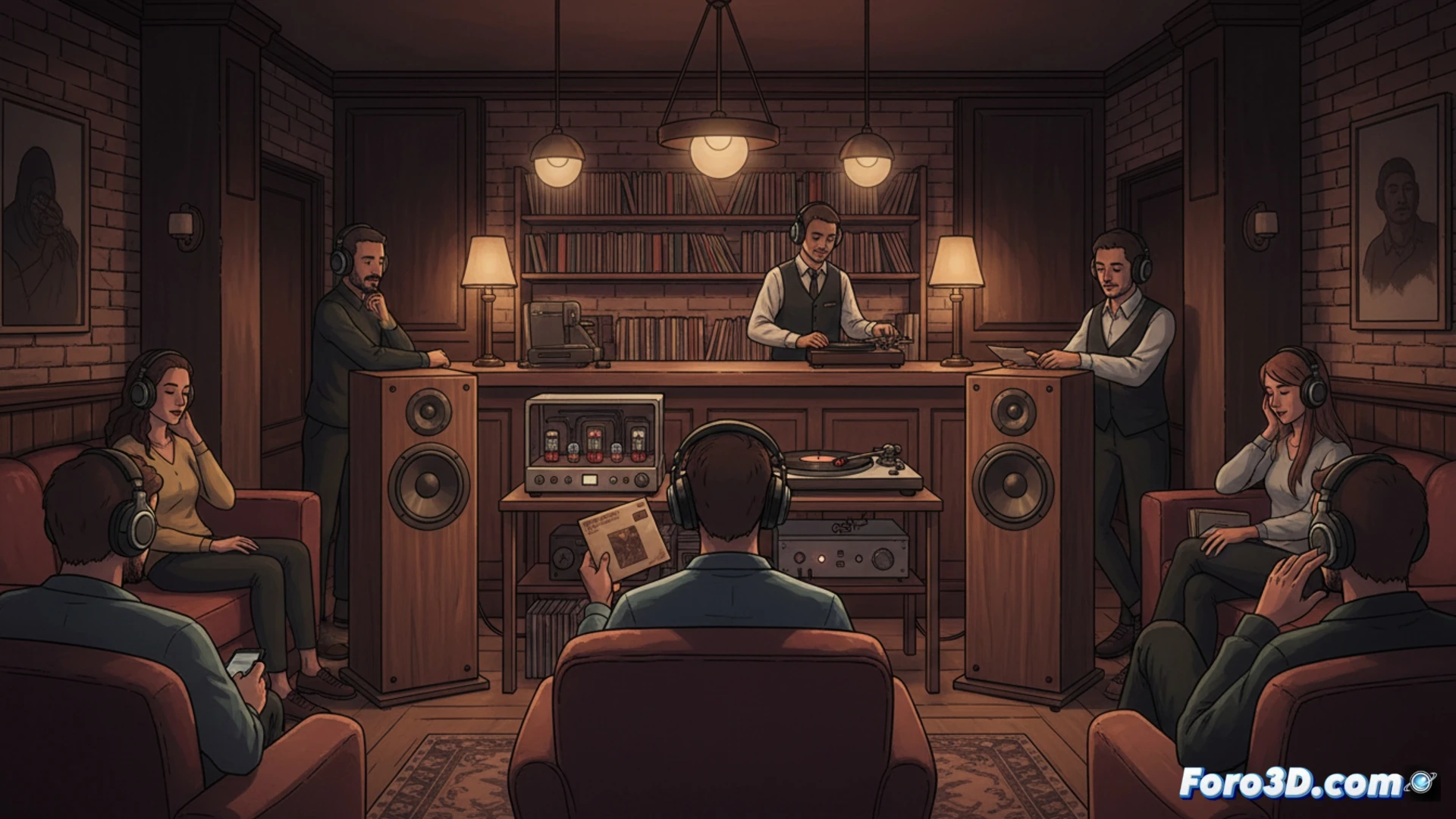 warm ambient listening bar interior, patrons sitting silently on vintage leather chairs, eyes closed while a vinyl record plays on a high-end turntable, large studio-grade horn speakers mounted on wooden walls, glowing vacuum tubes in a tube amplifier on a shelf, a glass of whiskey on a dark oak table, no phones or conversations visible, soft golden lighting from dim pendant lamps, smoke-free air, focused listening action, cinematic photorealistic style, rich deep shadows, warm amber tones, ultra-detailed audio equipment textures, calm contemplative atmosphere