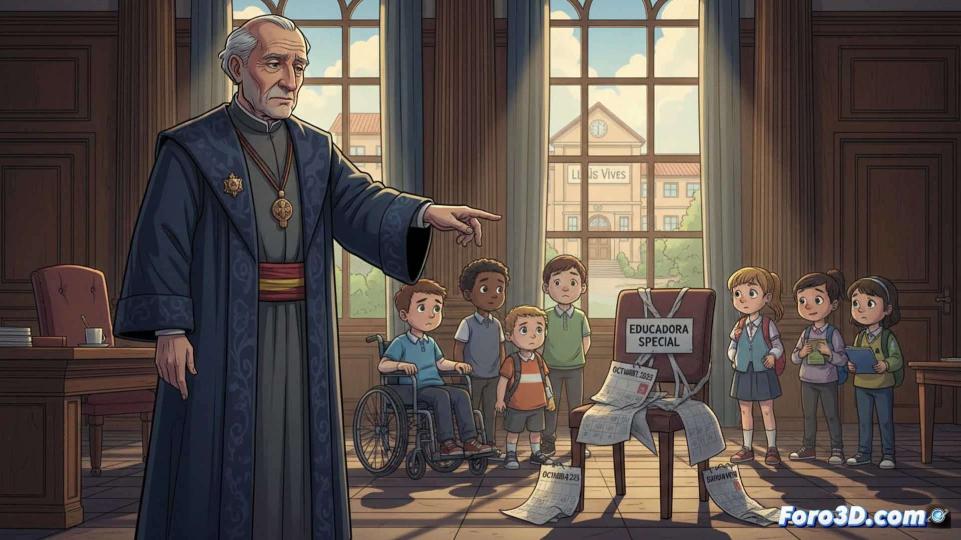 empty classroom with overturned colorful plastic chairs and scattered textbooks on linoleum floor, a single unplugged tablet computer on a desk showing a cracked screen, a child-sized wheelchair pushed against the wall with dust on its seat, a broken fidget toy on the floor, sunlight casting long shadows through venetian blinds, abandoned sensory play equipment in the corner, cinematic photorealistic style, dramatic contrast between bright window light and dark empty spaces, melancholic atmosphere, ultra-detailed textures of dust particles floating in light beams, wide-angle lens perspective emphasizing isolation