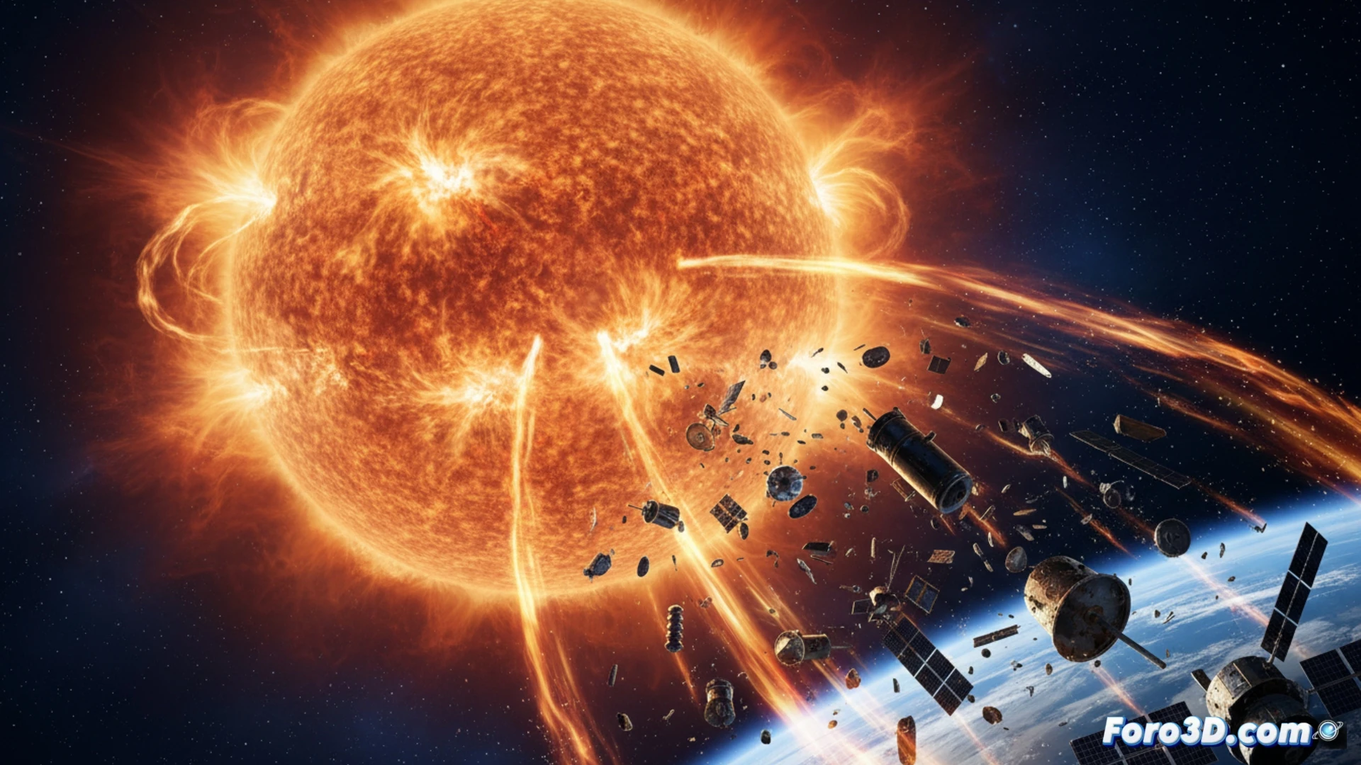Una imagen del Sol con intensas manchas solares y rayos dorados, bajo la cual basura espacial cae en llamas hacia la Tierra azul, con líneas de descenso marcadas.