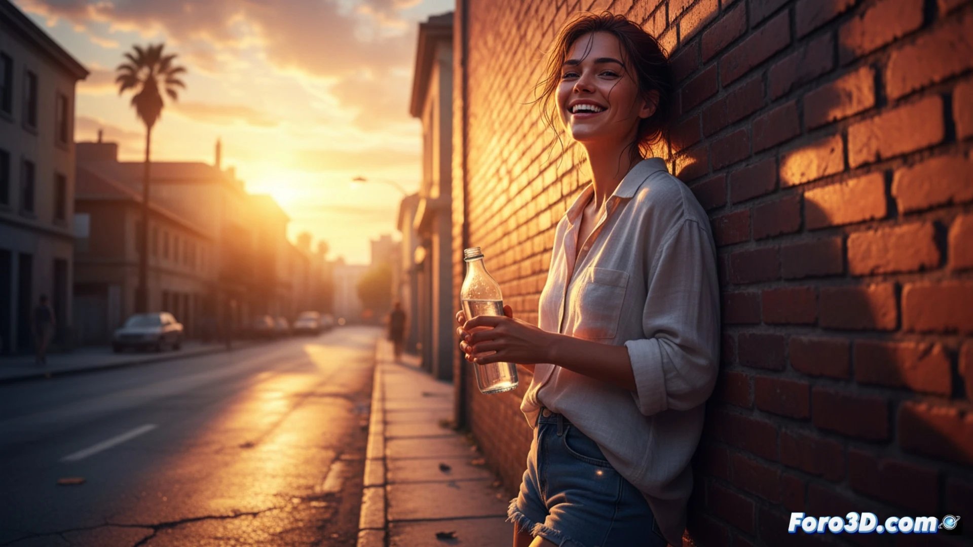 Una mujer sonríe bajo el sol radiante, el sudor brilla en su frente mientras se refresca con un vaso de agua fría entre sombras y asfalto caliente.