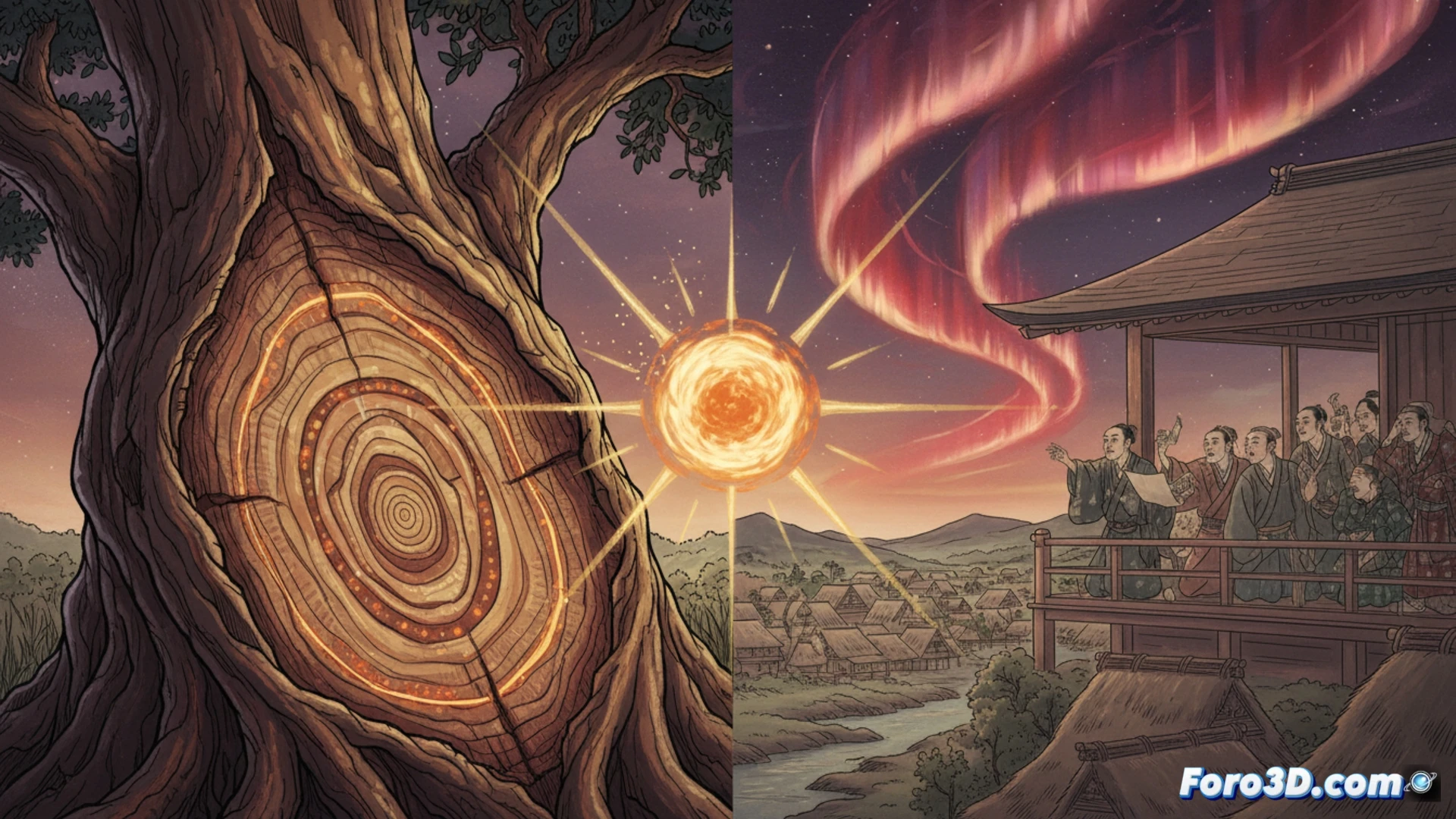 medieval Japanese scribe writing on parchment by candlelight, aurora borealis glowing blood-red through wooden window, ancient tree trunk cross-section with visible growth rings being examined by scientist holding magnifying lens, charcoal brazier emitting smoke, carbon-14 isotope decay visualized as glowing particles rising from tree rings, technical illustration style, warm amber and deep indigo lighting, photorealistic historical scientific scene, detailed wood grain and paper texture