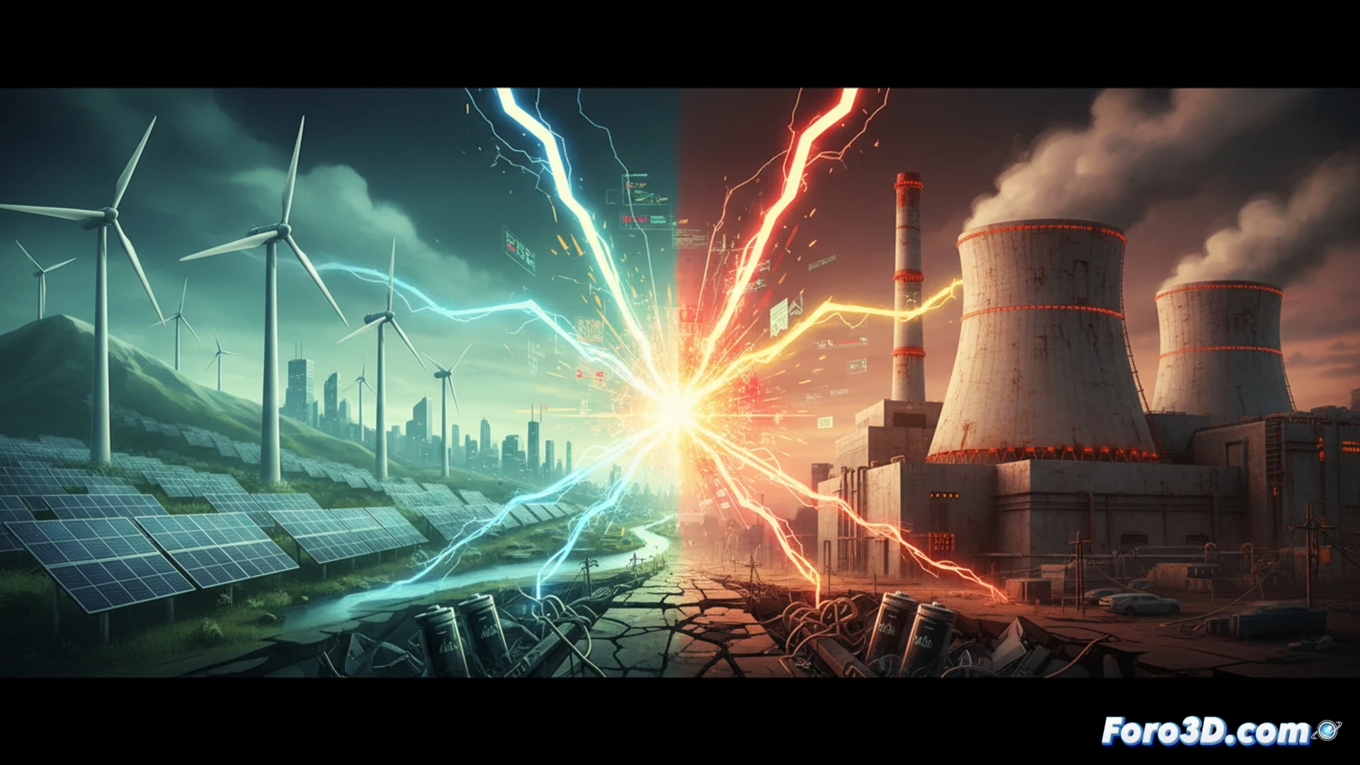 Dos turbinas eólicas giran entre nubes grises frente a una central nuclear humeante; cables eléctricos caen al suelo entre grietas.