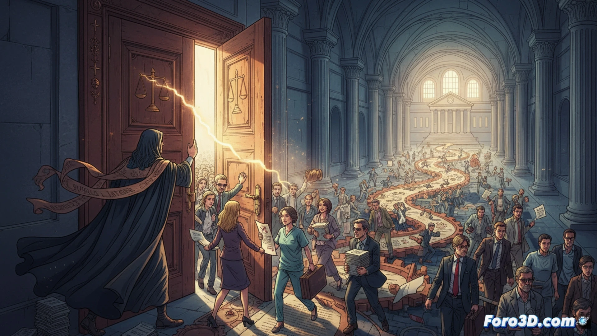 photorealistic scene of a crowded government office hallway, multiple interinos holding legal documents and numbered tickets, one interino placing a paper into a overflowing courtroom filing cabinet, another interino pointing at a judge's gavel on a desk, a third interino looking at a computer screen showing a calendar with many lawsuit dates, tense waiting area with people holding folders, dramatic overhead fluorescent lighting, deep shadows, realistic bureaucratic clutter, technical illustration style, cinematic wide shot, subtle motion blur from people walking, official seals on documents, worn linoleum floor reflecting light