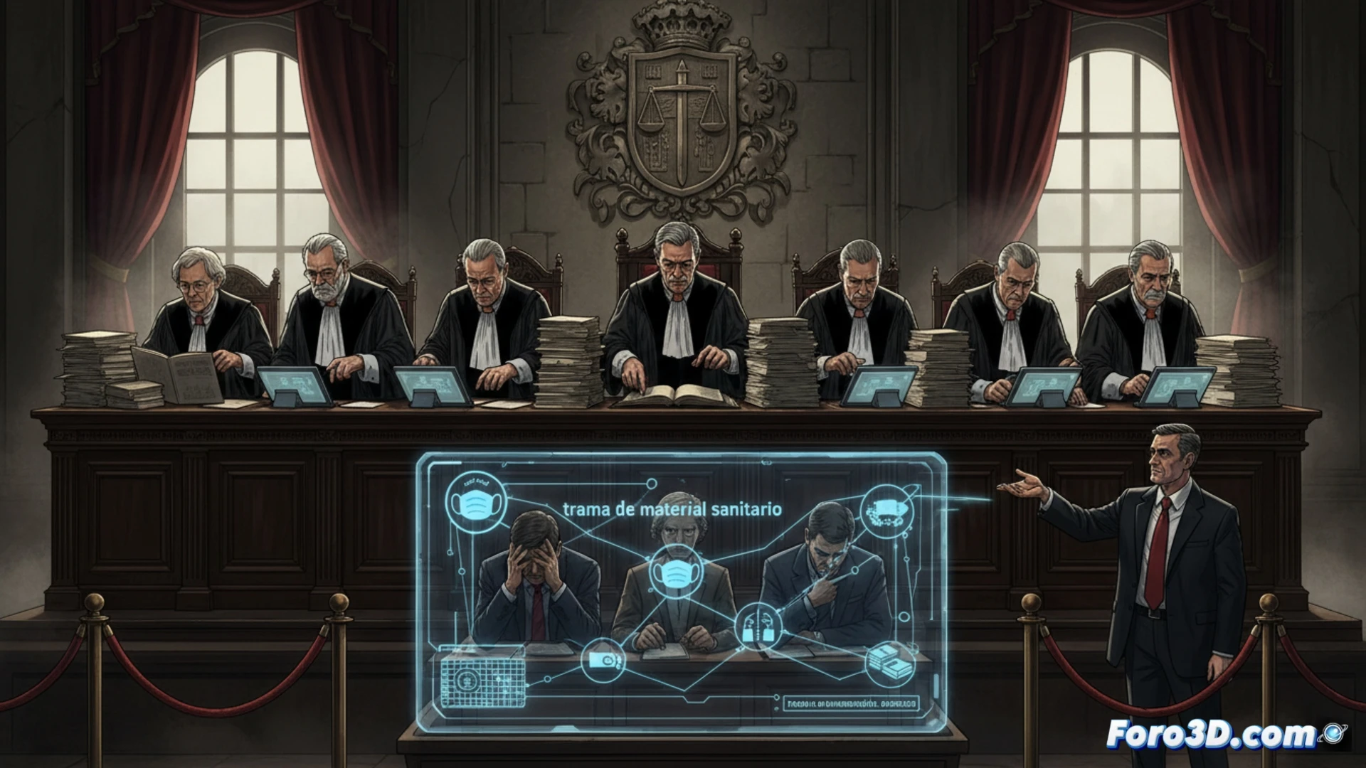 Una sala del Tribunal Supremo, con jueces togados y expedientes sobre la mesa, simboliza el juicio por corrupción en material sanitario.