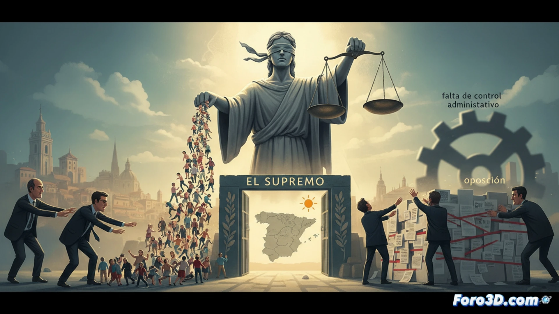 Tribunal Supremo español, sala de vistas vacía, juez togado revisando documentos legales sobre mesa de madera oscura, expedientes apilados con sellos de denegación de medidas cautelares, fondo de estanterías con libros de jurisprudencia, luz cenital fría, sombras marcadas, estilo cinematográfico fotorrealista, atmósfera institucional solemne, detalles de textura en papeles y madera, composición simétrica, profundidad de campo reducida