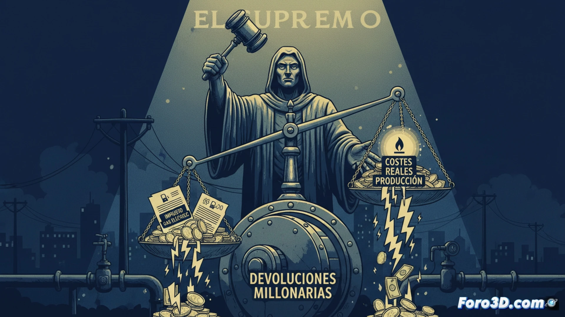 Un juzgado con martillo y toga sobre facturas de gas y un enchufe, simbolizando la devolución del impuesto eléctrico.