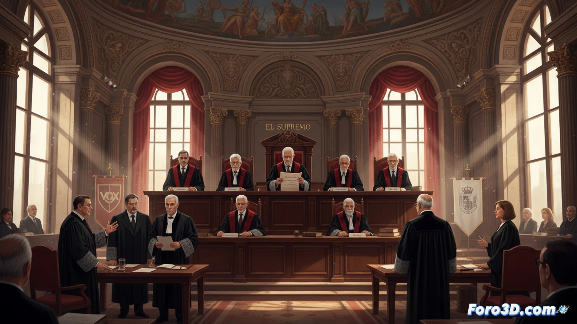 Una sala del Tribunal Supremo en Madrid, con jueces togados, abogados y representantes de Vox y la Comunidad de Madrid durante la vista del decreto migratorio.