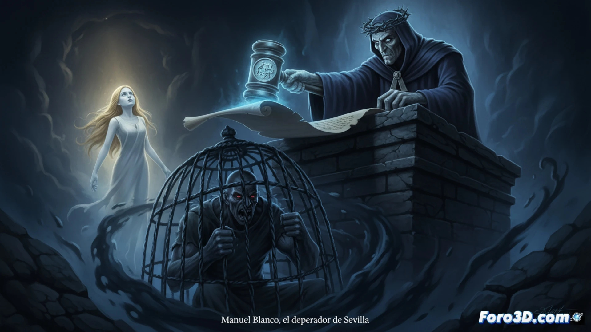 Cinematic courtroom scene, a judge’s gavel striking a wooden block mid-air, motion blur on impact, a legal document with a red seal stamping final verdict, heavy steel handcuffs being locked on wrists, a police officer’s hand pressing a fingerprint scanner, digital evidence screen showing a timeline of 2019, forensic maps of a residential apartment floorplan, alevosía and ensañamiento highlighted in red ink on a case file, photorealistic technical illustration, dramatic overhead lighting, dark mahogany wood textures, metallic reflections, ultra-detailed legal props