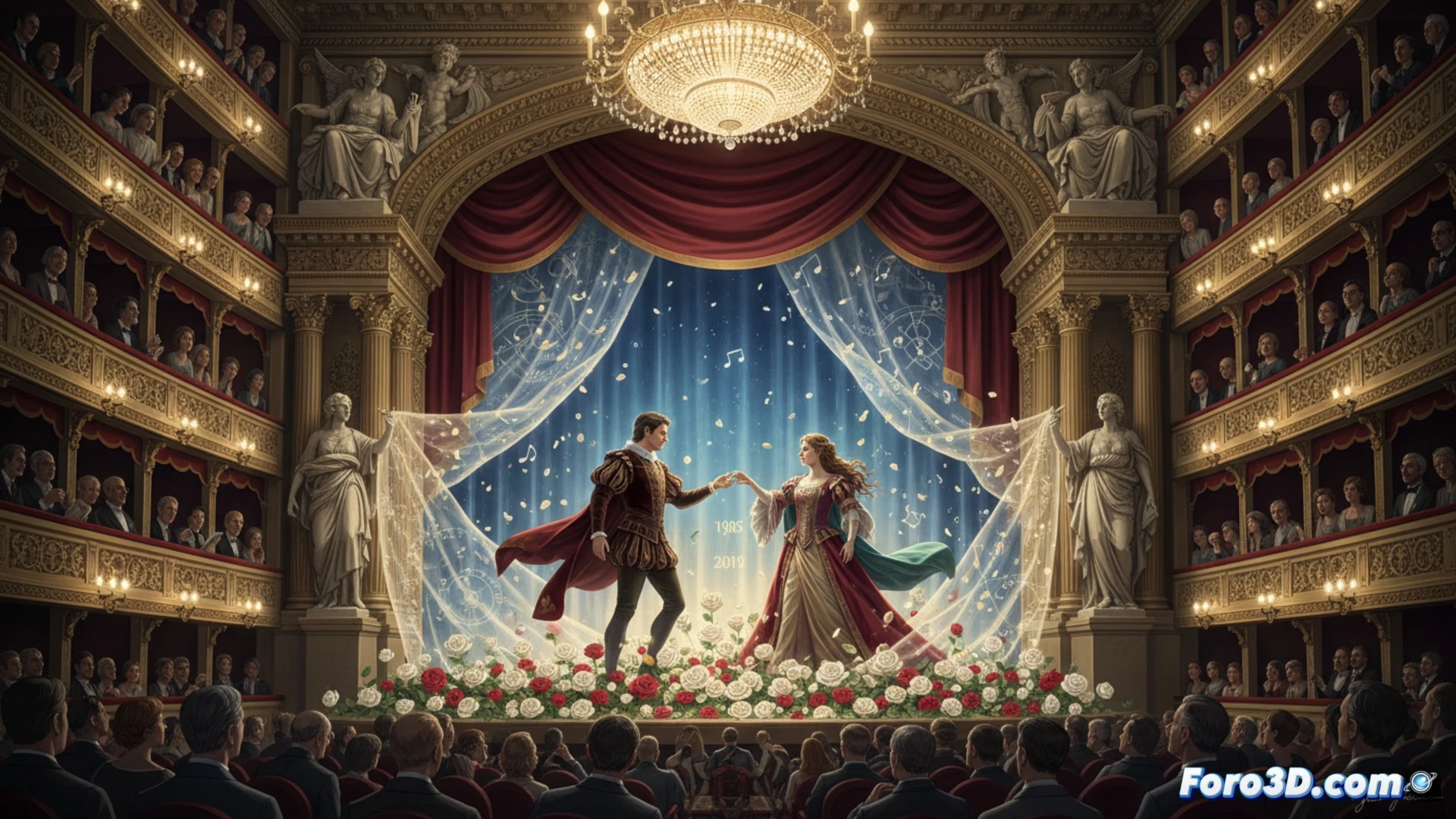Theatre interior during a technical rehearsal, stagehands adjusting a massive suspended balcony structure with ropes and pulleys, a spotlight casting a single beam onto a dusty stage floor with chalk markings for actor positions, a sound engineer adjusting a mixing console with glowing faders and waveform displays, a costume designer holding a Renaissance-style dress with intricate embroidery, cinematic photorealistic visualization, dramatic chiaroscuro lighting, deep shadows in the empty orchestra pit, polished wood textures on the stage floor, hyper-detailed backstage mechanics