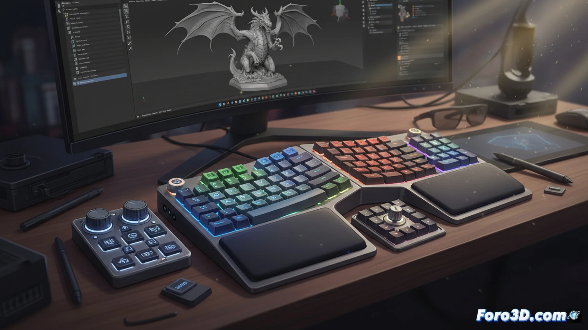 [Teclado mecánico retroiluminado sobre escritorio con tableta gráfica y monitor 3D en Blender]