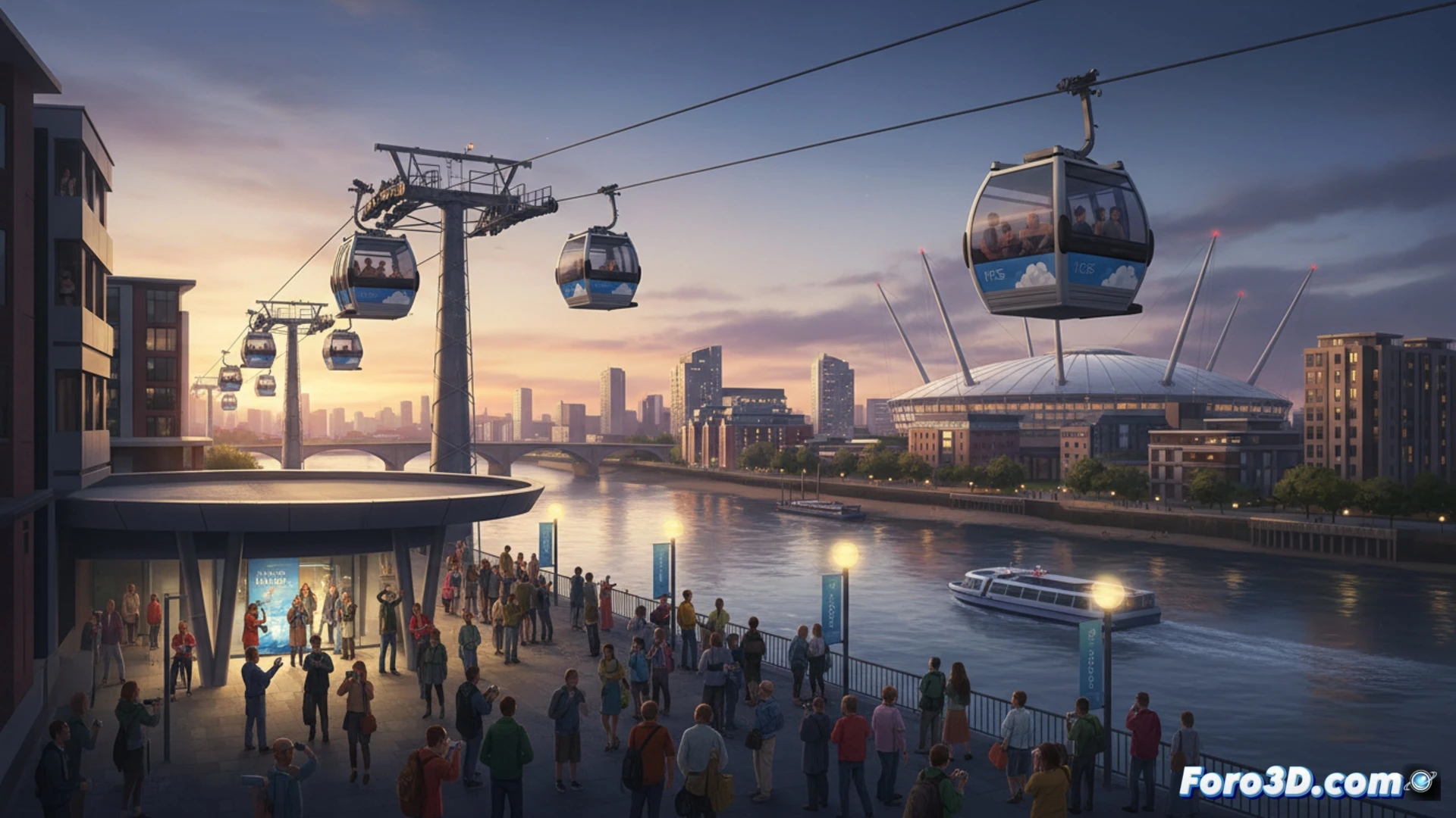 London cable car crossing River Thames at sunset, two glass-walled cabins passing each other mid-air, one empty and one filled with tourists holding smartphones and cameras, curved steel towers supporting the line, financial district skyscrapers in background, aerial cables under tension visible, technical engineering visualization, photorealistic style, golden hour light reflecting on metal structure, motion blur on rotating wheels inside the station, control room with monitors showing passenger flow data, dramatic urban skyline, ultra-detailed mechanical joints and cable lines, realistic atmospheric haze over city.