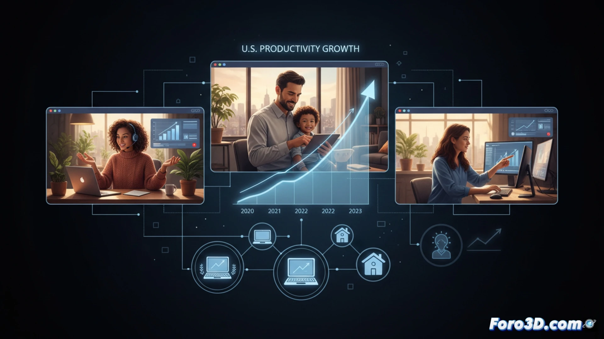 Cinematic photorealistic scene of a modern home office showing a remote worker using dual monitors displaying spreadsheet software and video call interface, productivity charts rising on screen, while a dormant AI chatbot icon sits dimmed in the corner, wireless keyboard and ergonomic mouse in use, natural daylight through window, coffee mug and noise-cancelling headphones on desk, subtle motion blur on typing hands, warm professional lighting, ultra-detailed textures, technical illustration style, 2020s contemporary decor