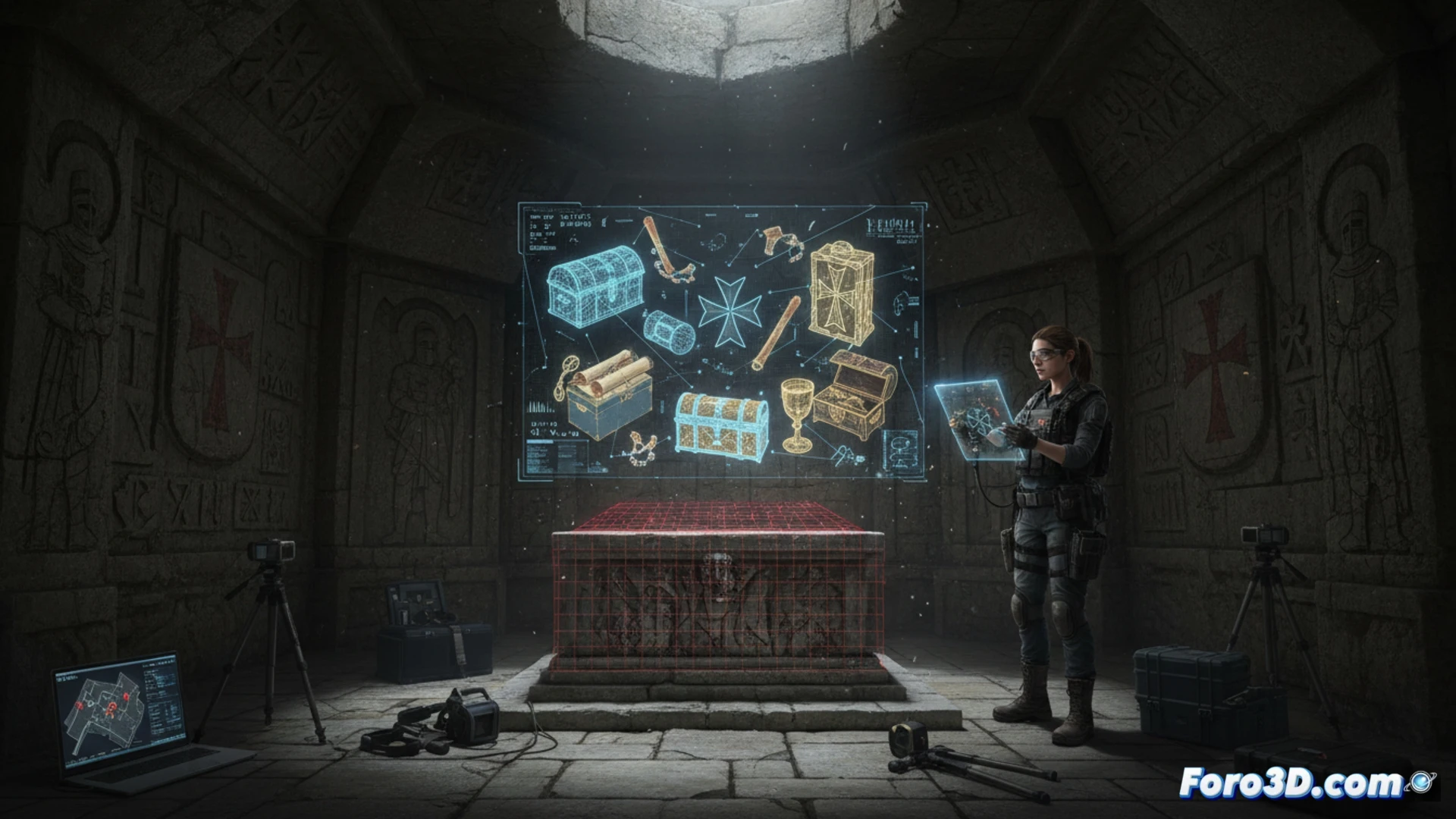 Reconstruccion digital en 3D del tesoro templario con monedas y cofres medievales sobre fondo oscuro