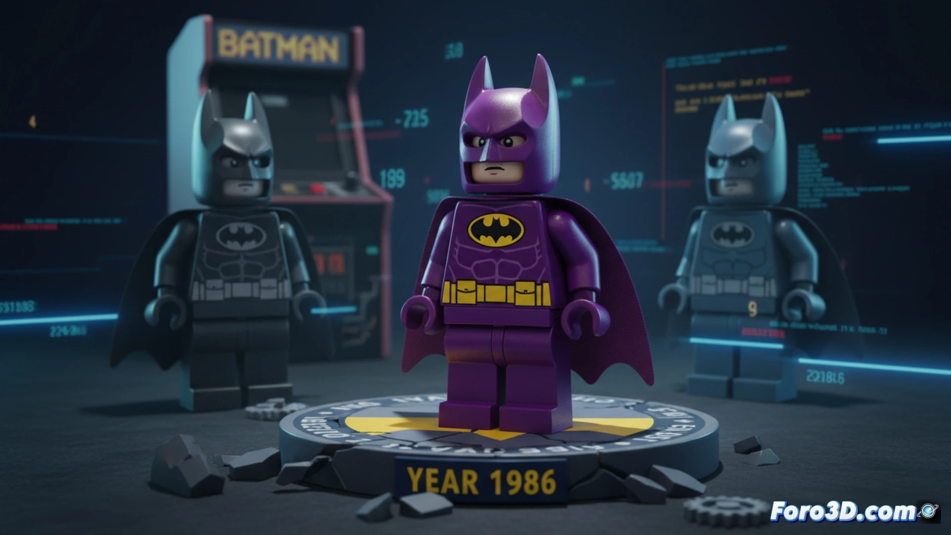 LEGO Batman en traje morado retro, con signos de interrogación sobre fechas incorrectas de 1986.