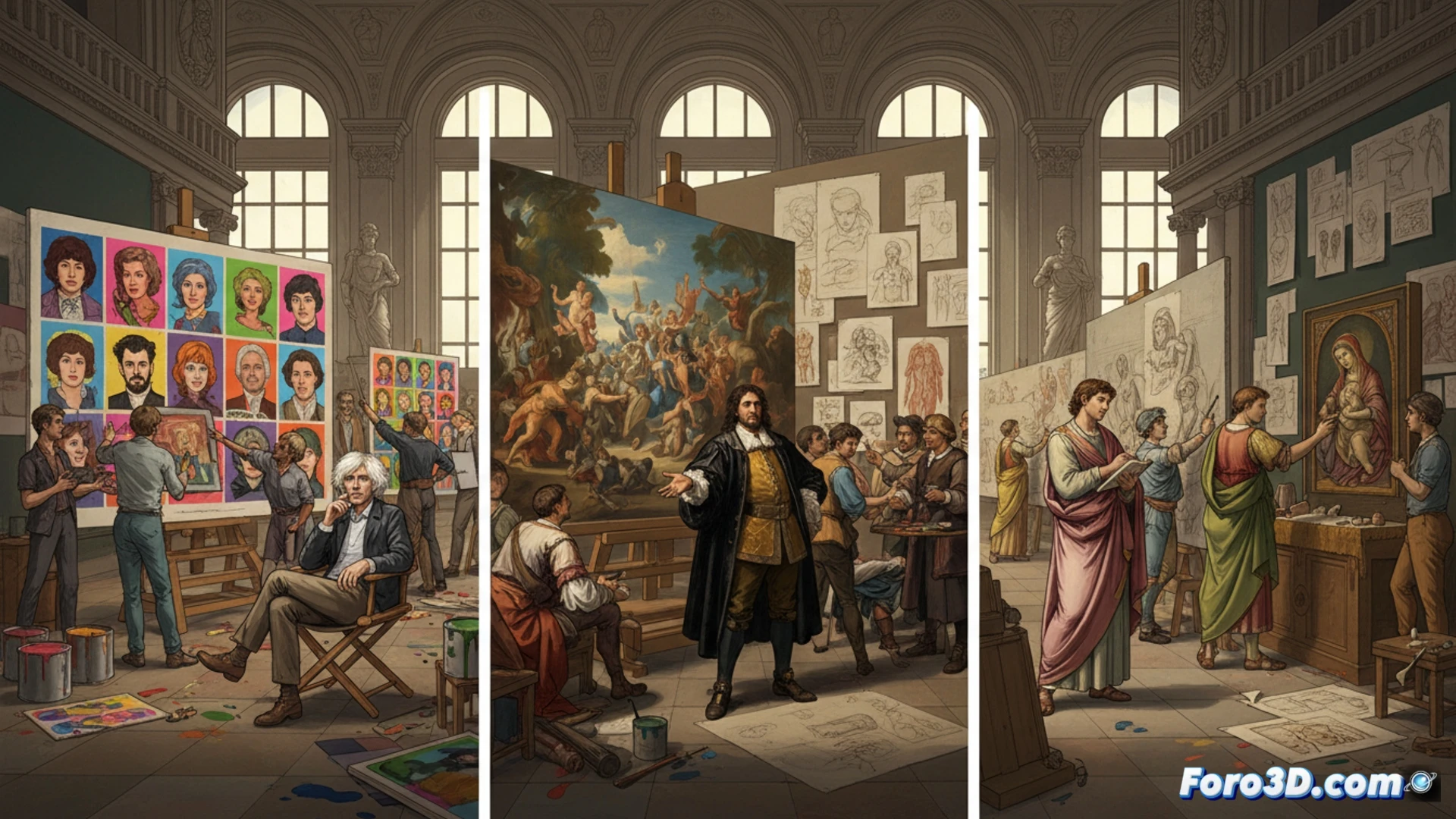 Three artists from different centuries standing together in a sunlit renaissance studio, each pointing at a large canvas while assistants mix paint on wooden palettes, Warhol holding a silkscreen frame, Rubens gesturing toward a half-finished mythological scene, Rafael examining a detailed sketch with a magnifying glass, brushes and pigments scattered across a worn oak table, soft natural light streaming through arched windows, warm earthy tones with hints of ultramarine and vermilion, cinematic composition with shallow depth of field, photorealistic rendering, dramatic chiaroscuro highlighting the artists’ focused expressions, demonstration of creative delegation through active collaboration