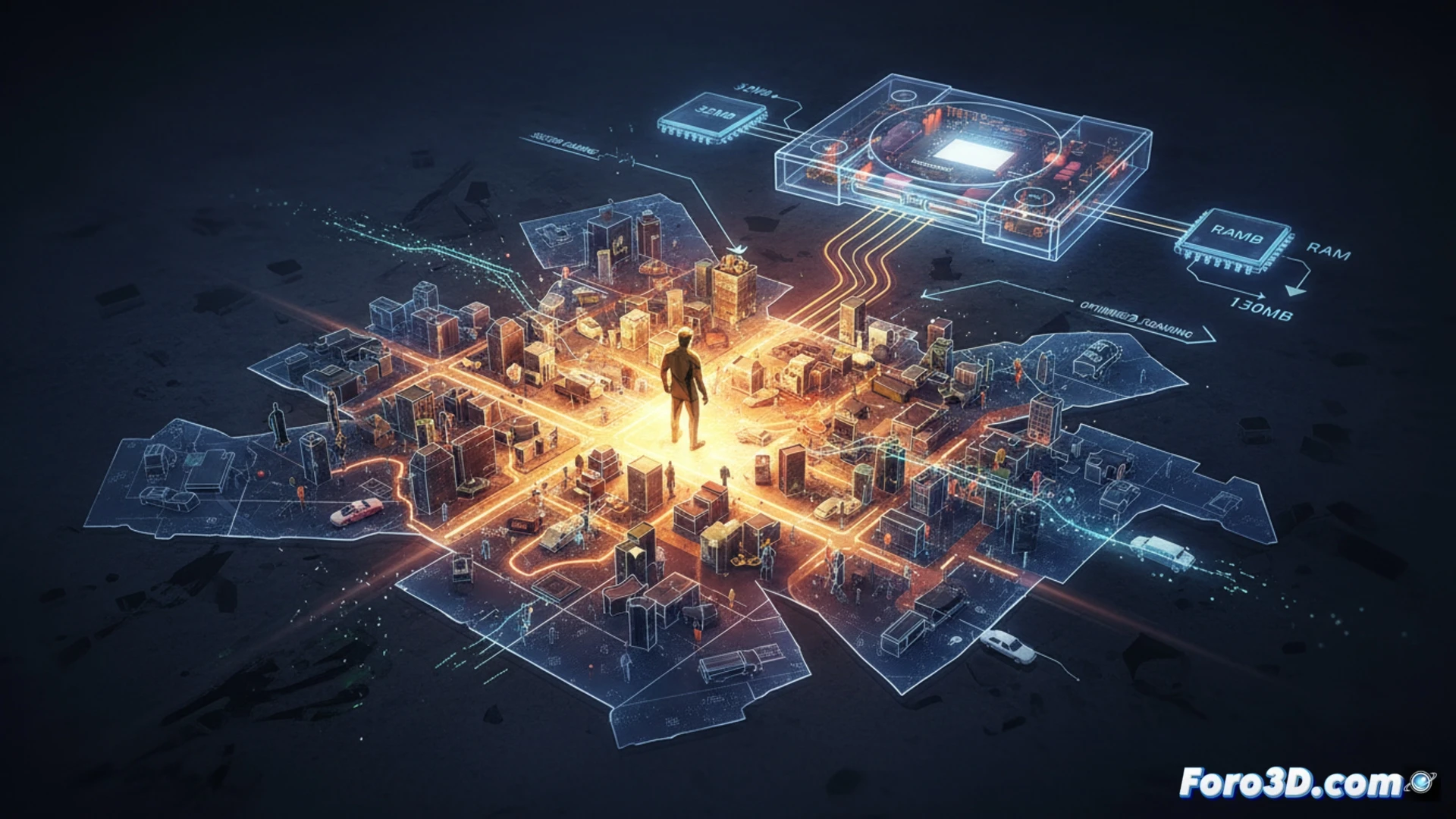 Descripción (80-120 caracteres):  
Mapa de Liberty City dividido en miles de sectores, con un coche en movimiento cargando solo áreas cercanas en la PS2.  

Detalle ampliado:  
Imagen que muestra una cuadrícula de Liberty City sobre fondo oscuro, con sectores iluminados alrededor de un coche blanco y zonas alejadas en sombra. Un desarrollador sostiene un código fuente, mientras la PS2 muestra 32 MB de RAM. Al fondo, una mano descarga un sector, simbolizando el streaming. Colores azul y naranja para contraste visual.