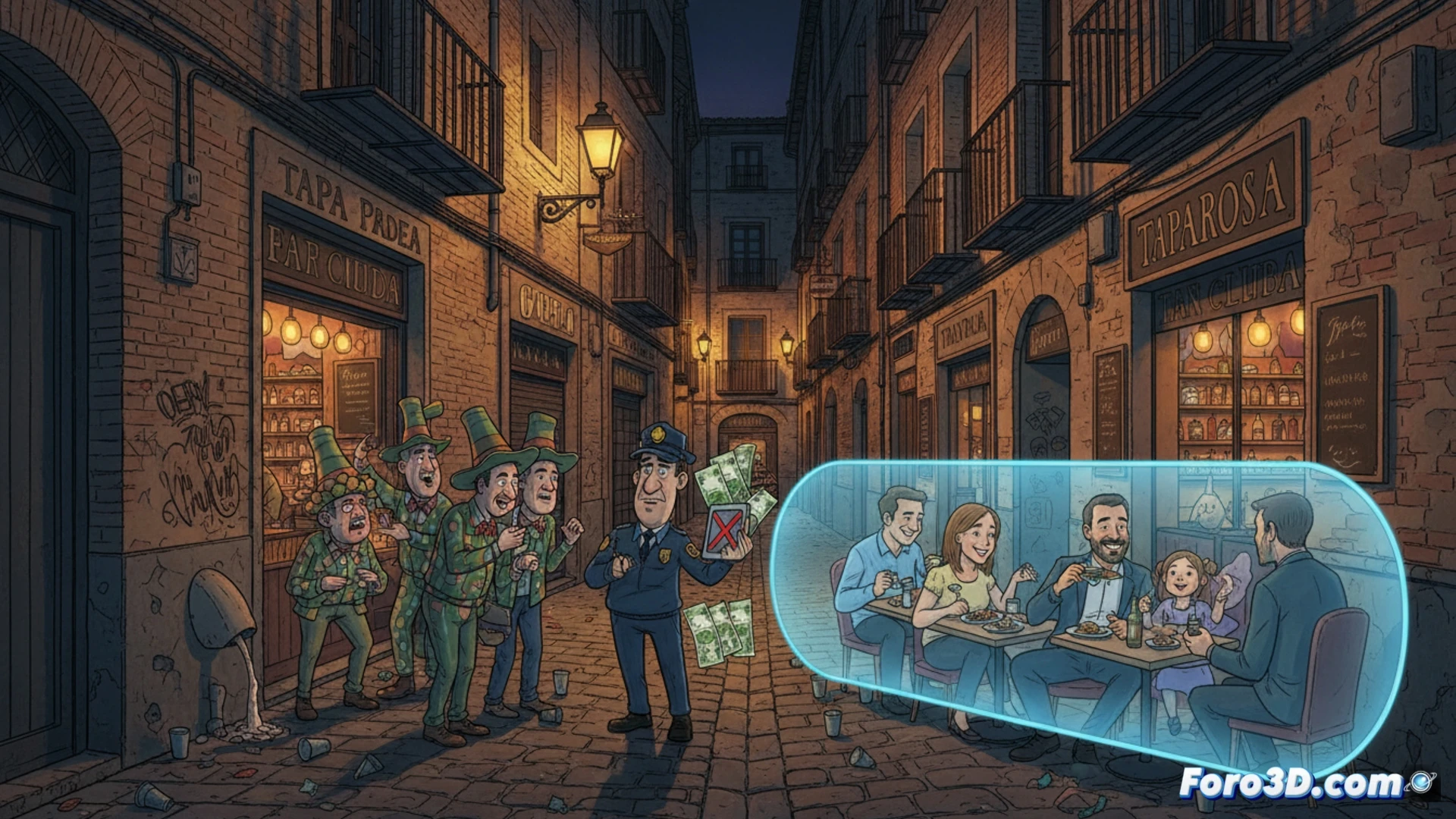 Narrow medieval street of El Tubo, Zaragoza, chaotic bachelor party crowd spilling from bars, a waiter holding a tablet displaying a digital penalty notice icon, a street cleaner spraying a wall with a pressure washer removing graffiti, a puddle on cobblestones reflecting neon bar lights, cinematic photorealistic style, dramatic chiaroscuro lighting, steam rising from cleaning process, motion blur on laughing figures, high-angle shot emphasizing congestion, technical urban documentation aesthetic, ultra-detailed stone textures and wet pavement reflections
