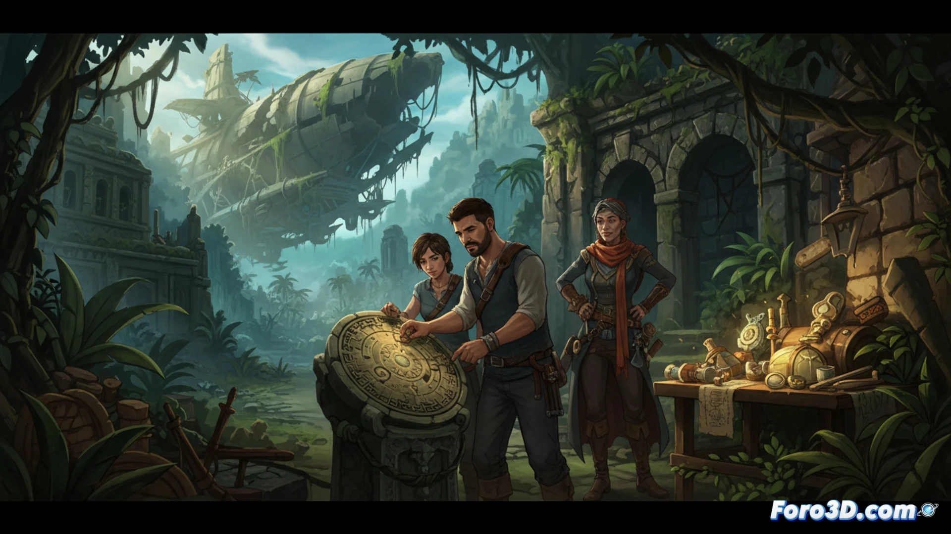 Una imagen dividida: a la izquierda, el logo de Uncharted 4 con el nombre de Amy Hennig en neblina; a la derecha, storyboards borrosos y un controlador roto.