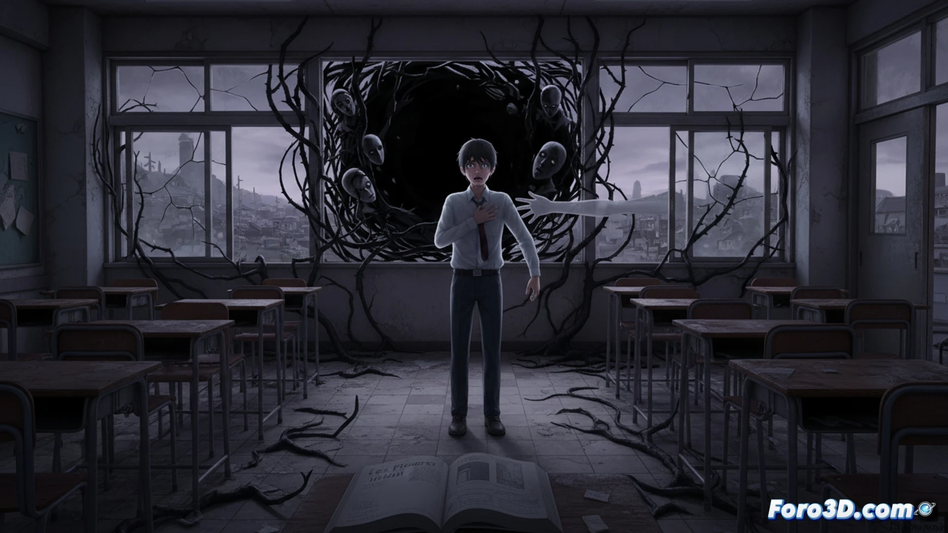 Vacío blanco opresivo en Flowers of Evil, arte 3D sobre acoso y ansiedad psicológica