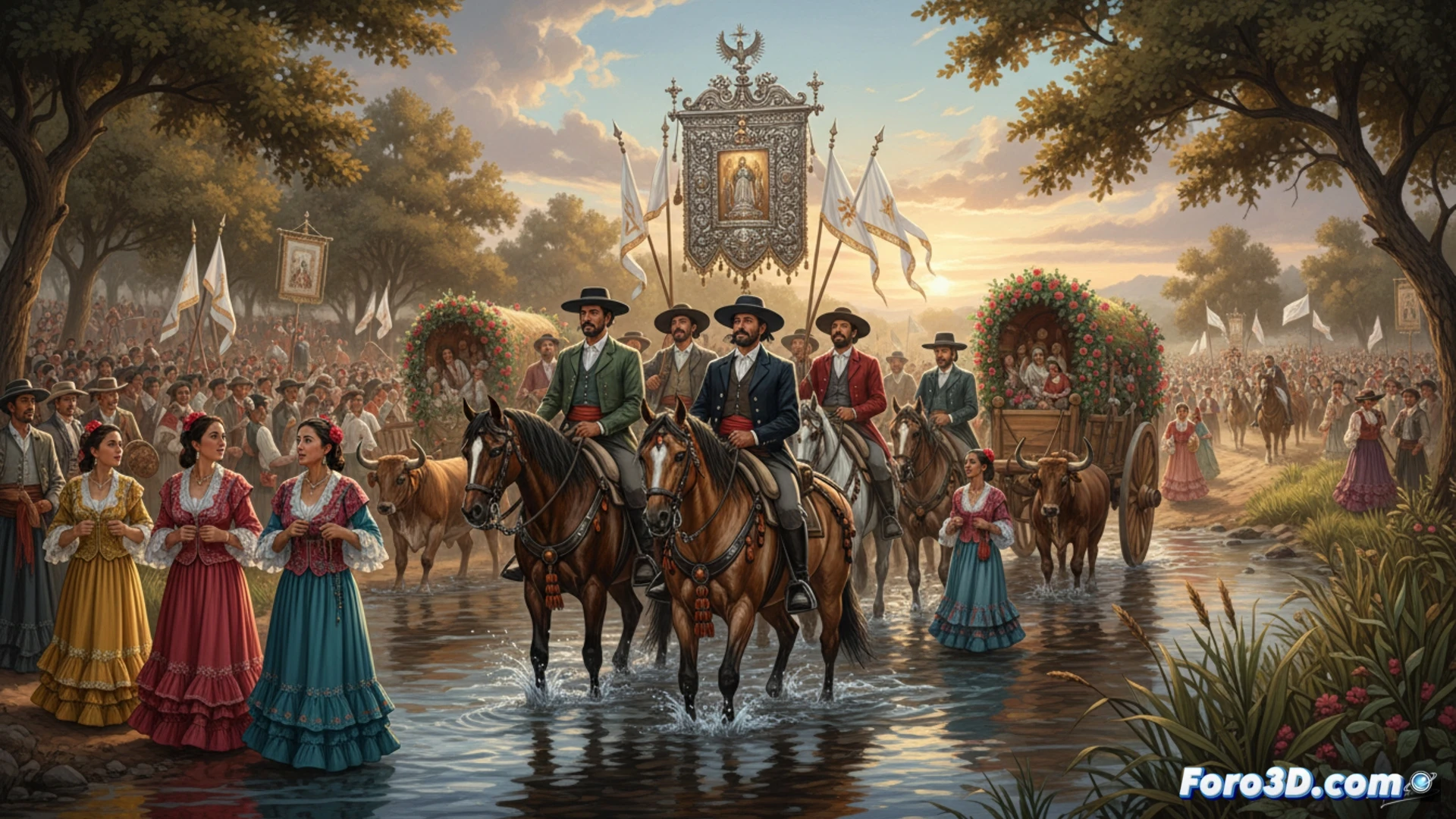 Technical illustration of a traditional religious procession crossing a dry riverbed at dawn, wooden oxcart with ornate canopy carrying a religious banner, dozens of pilgrims in traditional Andalusian attire walking alongside, dust rising from the sandy path, morning light filtering through oak trees, showing the moment of crossing the Quema ford, cinematic wide-angle shot, photorealistic style, warm golden hour lighting, deep shadows contrasting with illuminated faces, natural landscape with Mediterranean vegetation, devotional atmosphere, ultra-detailed textures on clothing and cart, dramatic sky with soft clouds
