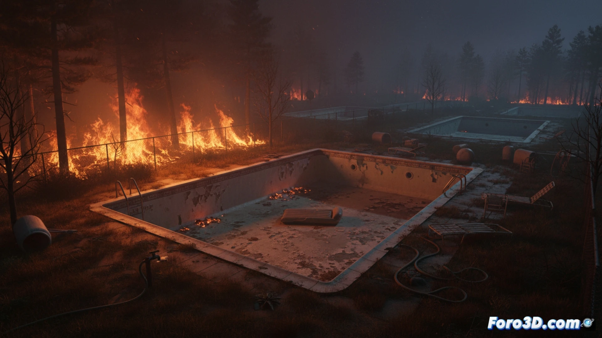 Aerial view of suburban backyard during extreme heatwave, empty swimming pool with cracked blue tiles reflecting intense sunlight, dry pine needles and dead leaves accumulated in pool corners, adjacent forest edge showing dry vegetation and small smoke wisps rising from neglected grill embers near pool fence, cinematic photorealistic visualization, dramatic golden hour lighting casting long shadows, ultra-detailed textures of concrete pool surface, wilted plants, and heat haze distortion, clear visual contrast between urban infrastructure and wildfire danger zone, technical documentary style