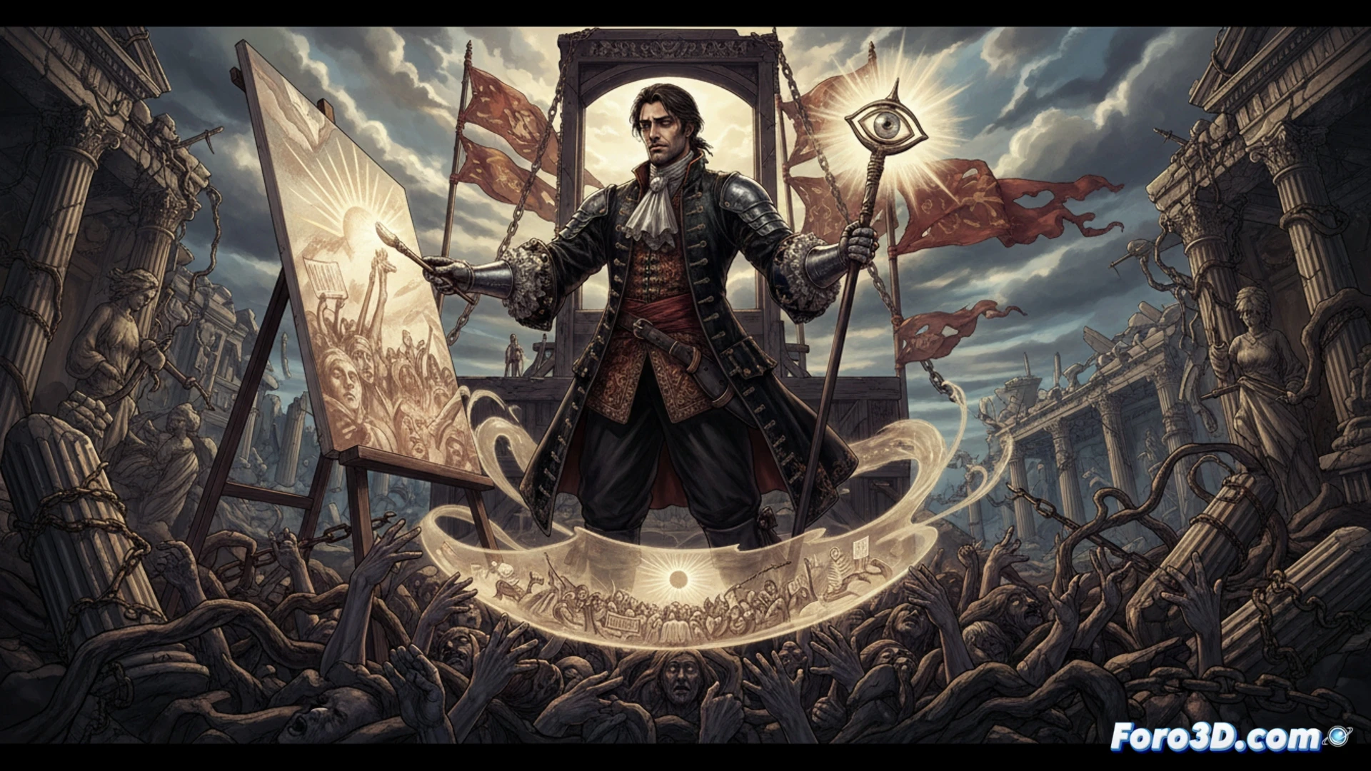Viñeta hiperrealista de verdugo Sanson en blanco y negro, detalle barroco de guillotina y multitud.